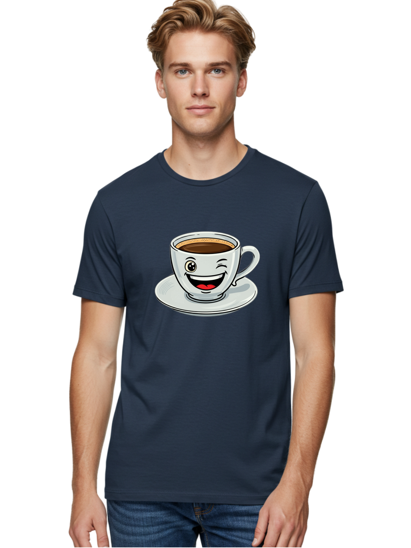 Cup-Of-Coffee Men'S Graphic Tee, 100% Cotton, Comfortable Casual Summer Wear, Machine Washable, Coffee Cup, Cartoon Character, Smiling Face, Happy Expression, Coffee Lover, Morning Pick-Me-Up, Coffee Break, Funny Illustration, Winking Eye Bab840