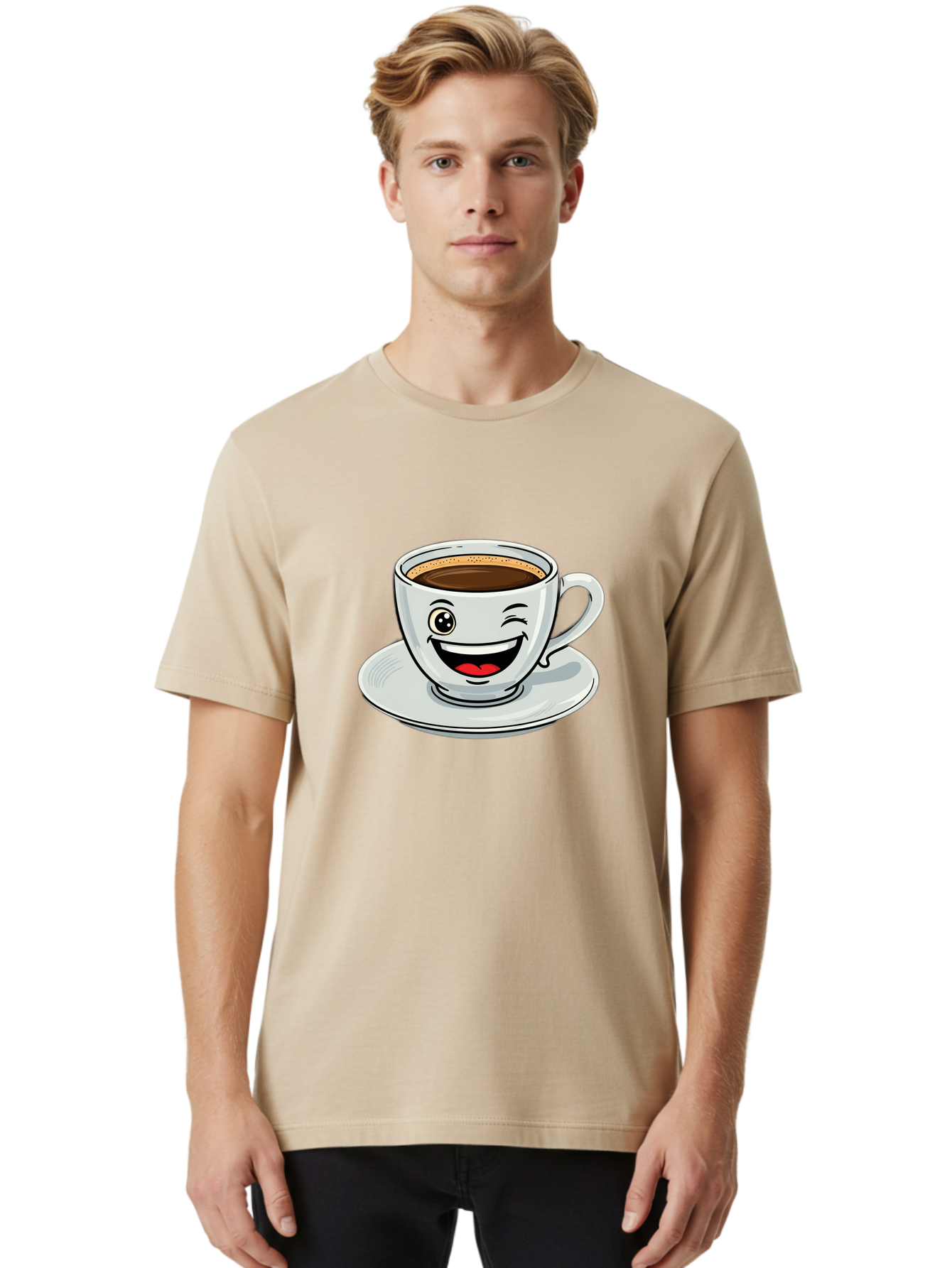 Cup-Of-Coffee Men'S Graphic Tee, 100% Cotton, Comfortable Casual Summer Wear, Machine Washable, Coffee Cup, Cartoon Character, Smiling Face, Happy Expression, Coffee Lover, Morning Pick-Me-Up, Coffee Break, Funny Illustration, Winking Eye Bab840
