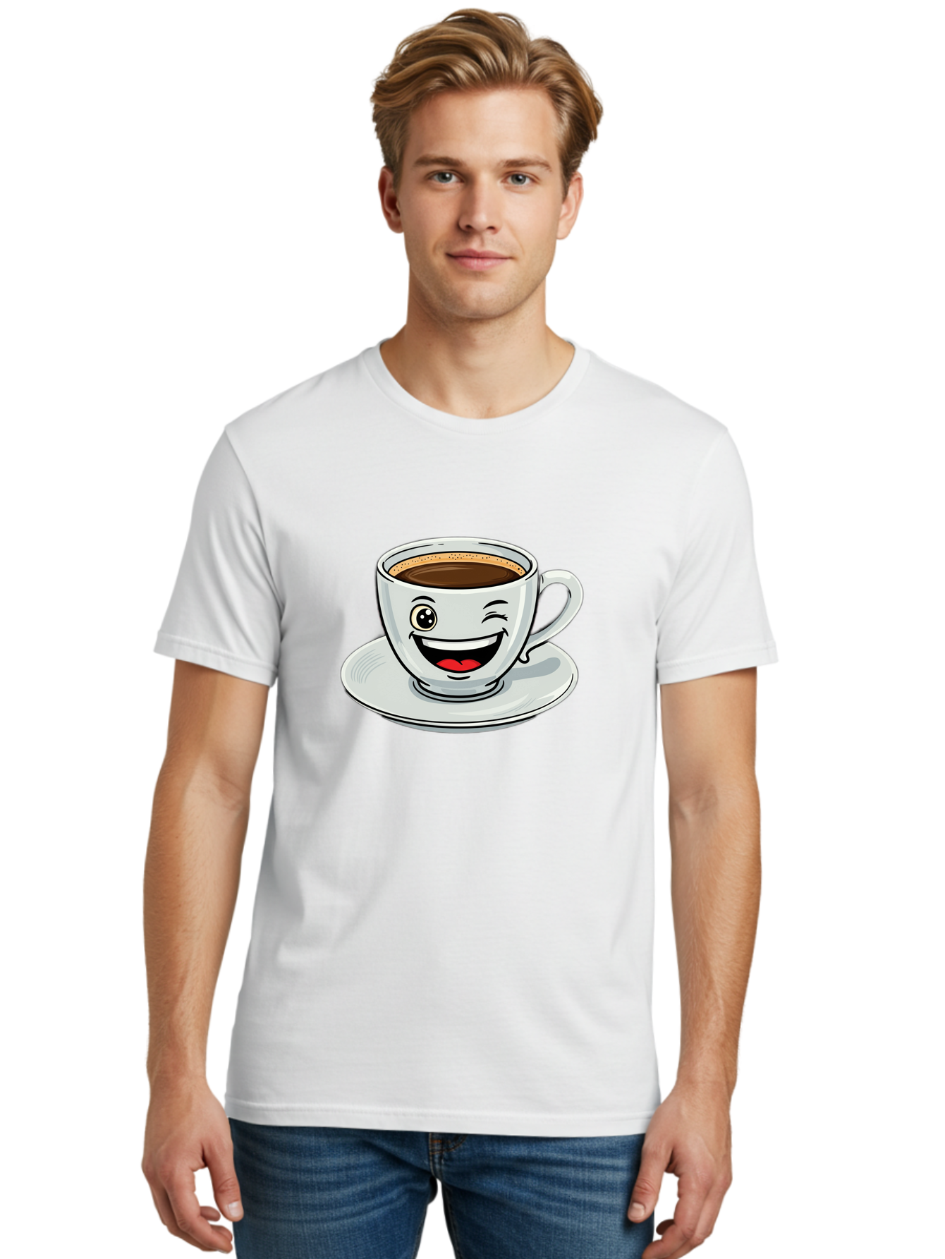 Cup-Of-Coffee Men'S Graphic Tee, 100% Cotton, Comfortable Casual Summer Wear, Machine Washable, Coffee Cup, Cartoon Character, Smiling Face, Happy Expression, Coffee Lover, Morning Pick-Me-Up, Coffee Break, Funny Illustration, Winking Eye Bab840