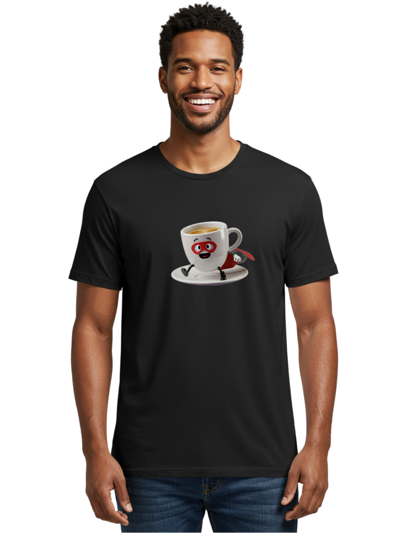 Cup-Superhero Men'S Graphic Tee, 100% Cotton, Comfortable Casual Summer Wear, Machine Washable, Cartoon Coffee Cup, Superhero Theme, Anthropomorphic Design, Red Mask, Cape, Funny Character, Coffee Culture, Cute Illustration Bab842