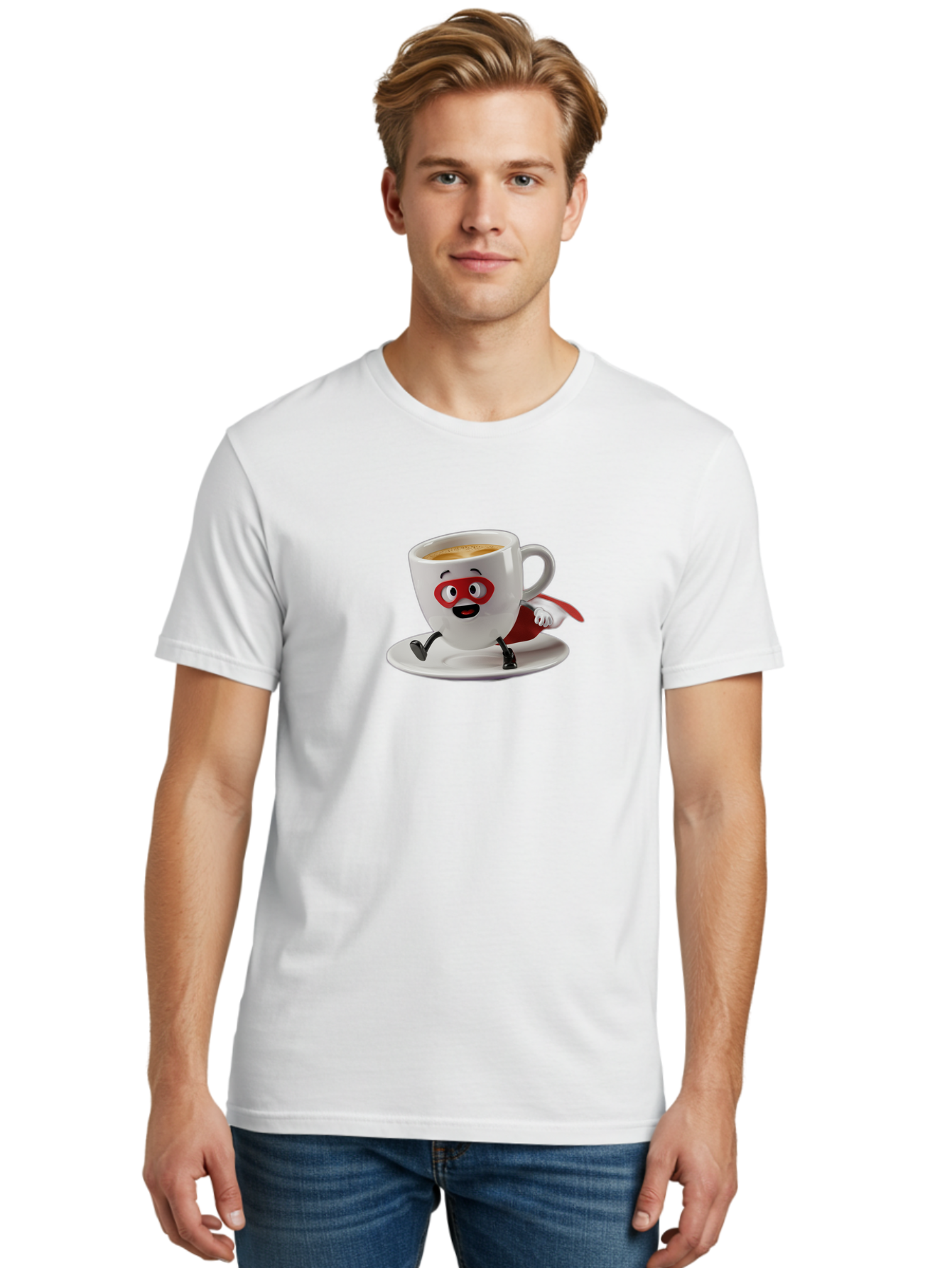 Cup-Superhero Men'S Graphic Tee, 100% Cotton, Comfortable Casual Summer Wear, Machine Washable, Cartoon Coffee Cup, Superhero Theme, Anthropomorphic Design, Red Mask, Cape, Funny Character, Coffee Culture, Cute Illustration Bab842