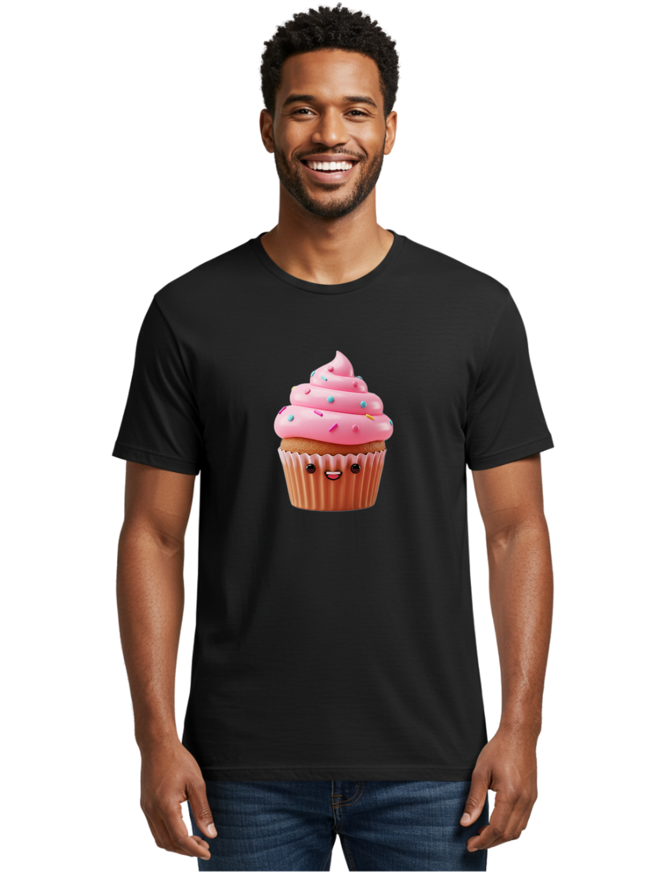 Cupcake Men'S Graphic Tee, 100% Cotton, Comfortable Casual Summer Wear, Machine Washable, Cupcake With Pink Frosting, Sweet Treats, Colorful Sprinkles, Whimsical Design, Happy Face, Dessert Delight, Baked Goods, Cartoon Style Bab843