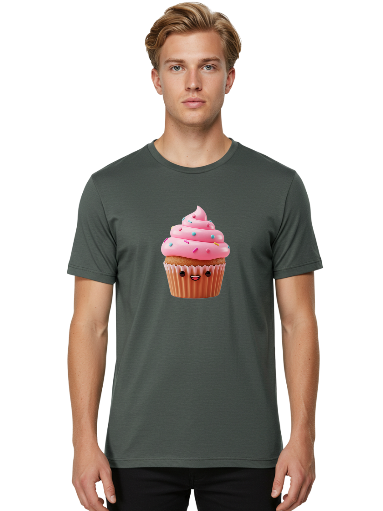 Cupcake Men'S Graphic Tee, 100% Cotton, Comfortable Casual Summer Wear, Machine Washable, Cupcake With Pink Frosting, Sweet Treats, Colorful Sprinkles, Whimsical Design, Happy Face, Dessert Delight, Baked Goods, Cartoon Style Bab843