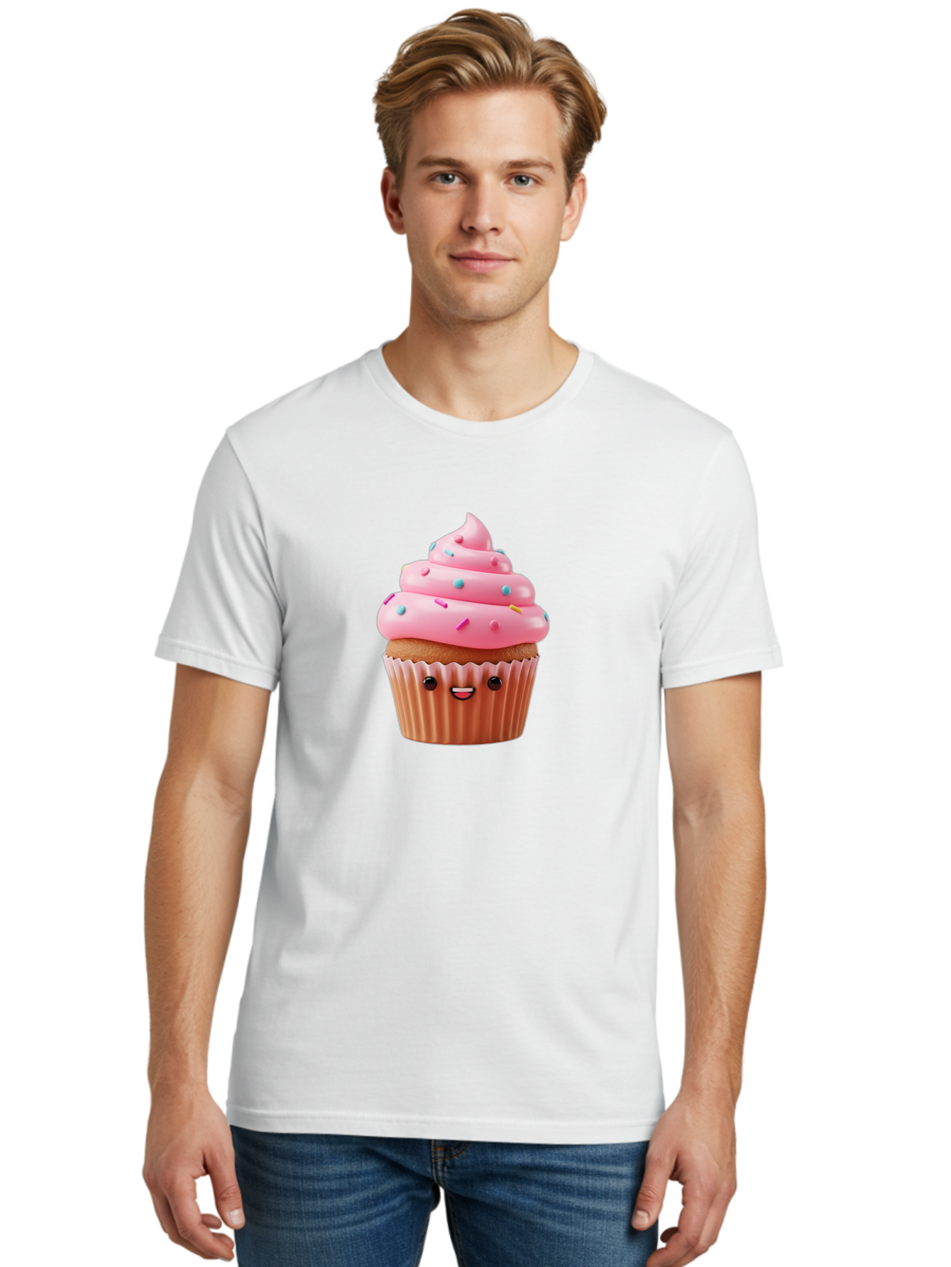 Cupcake Men'S Graphic Tee, 100% Cotton, Comfortable Casual Summer Wear, Machine Washable, Cupcake With Pink Frosting, Sweet Treats, Colorful Sprinkles, Whimsical Design, Happy Face, Dessert Delight, Baked Goods, Cartoon Style Bab843