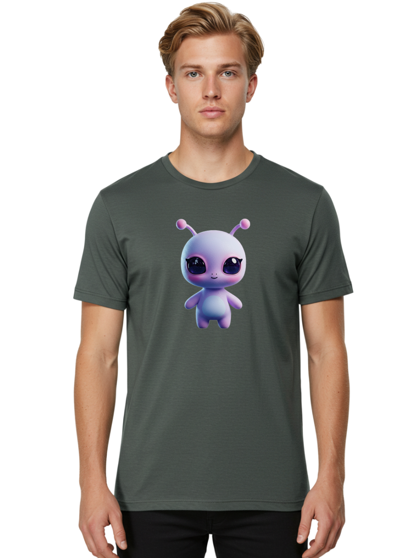 Cute-Alien-Character Men'S Graphic Tee, 100% Cotton, Comfortable Casual Summer Wear, Machine Washable, Alien Character, Cartoon Style, Cute Eyes, Big Eyes, Smiling Face, 3D Rendering, Fantasy Creature, Adorable Being, Purple Hue, Bab844