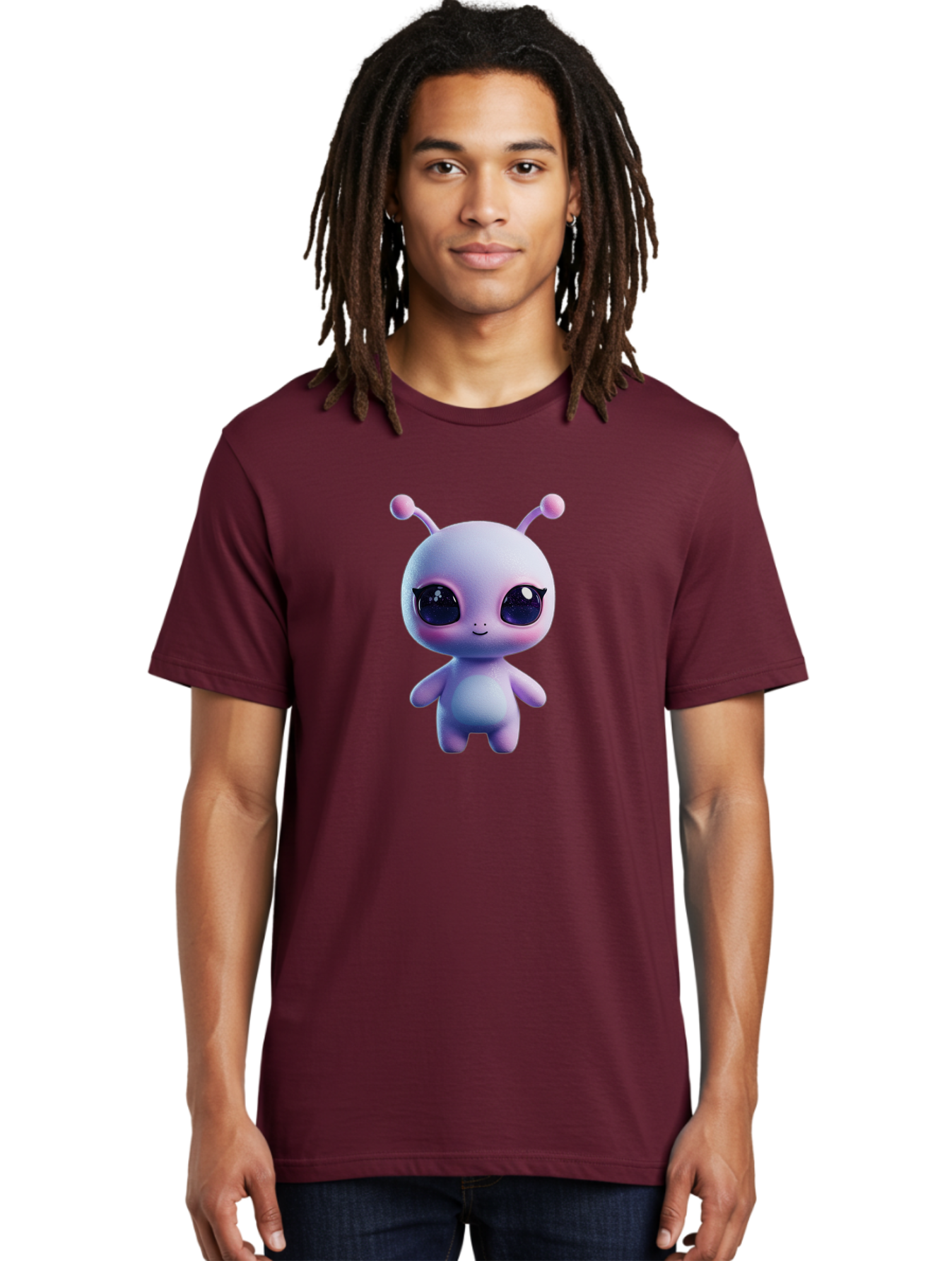 Cute-Alien-Character Men'S Graphic Tee, 100% Cotton, Comfortable Casual Summer Wear, Machine Washable, Alien Character, Cartoon Style, Cute Eyes, Big Eyes, Smiling Face, 3D Rendering, Fantasy Creature, Adorable Being, Purple Hue, Bab844