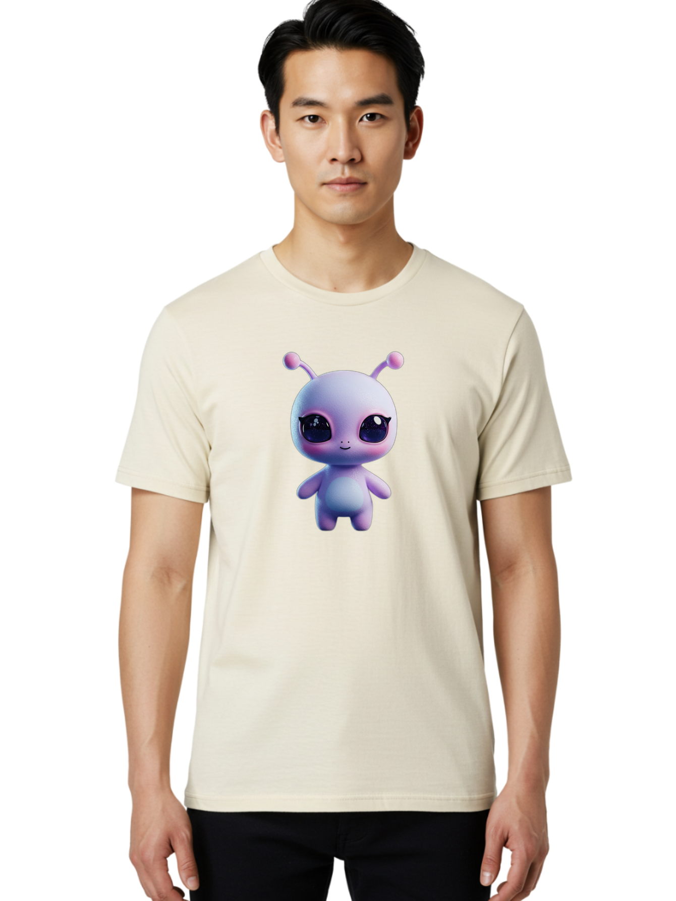 Cute-Alien-Character Men'S Graphic Tee, 100% Cotton, Comfortable Casual Summer Wear, Machine Washable, Alien Character, Cartoon Style, Cute Eyes, Big Eyes, Smiling Face, 3D Rendering, Fantasy Creature, Adorable Being, Purple Hue, Bab844