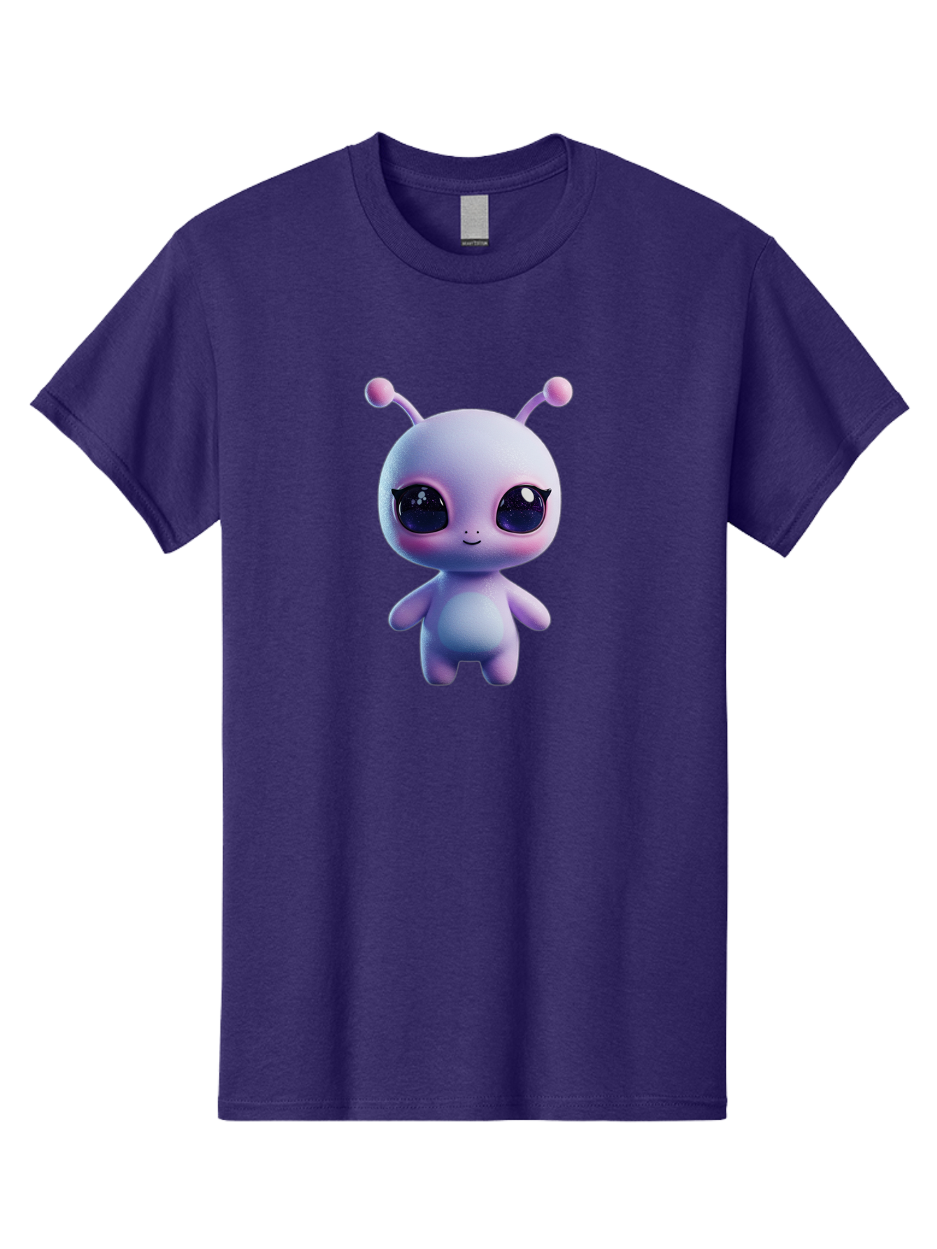 Cute-Alien-Character Men'S Graphic Tee, 100% Cotton, Comfortable Casual Summer Wear, Machine Washable, Alien Character, Cartoon Style, Cute Eyes, Big Eyes, Smiling Face, 3D Rendering, Fantasy Creature, Adorable Being, Purple Hue, Bab844