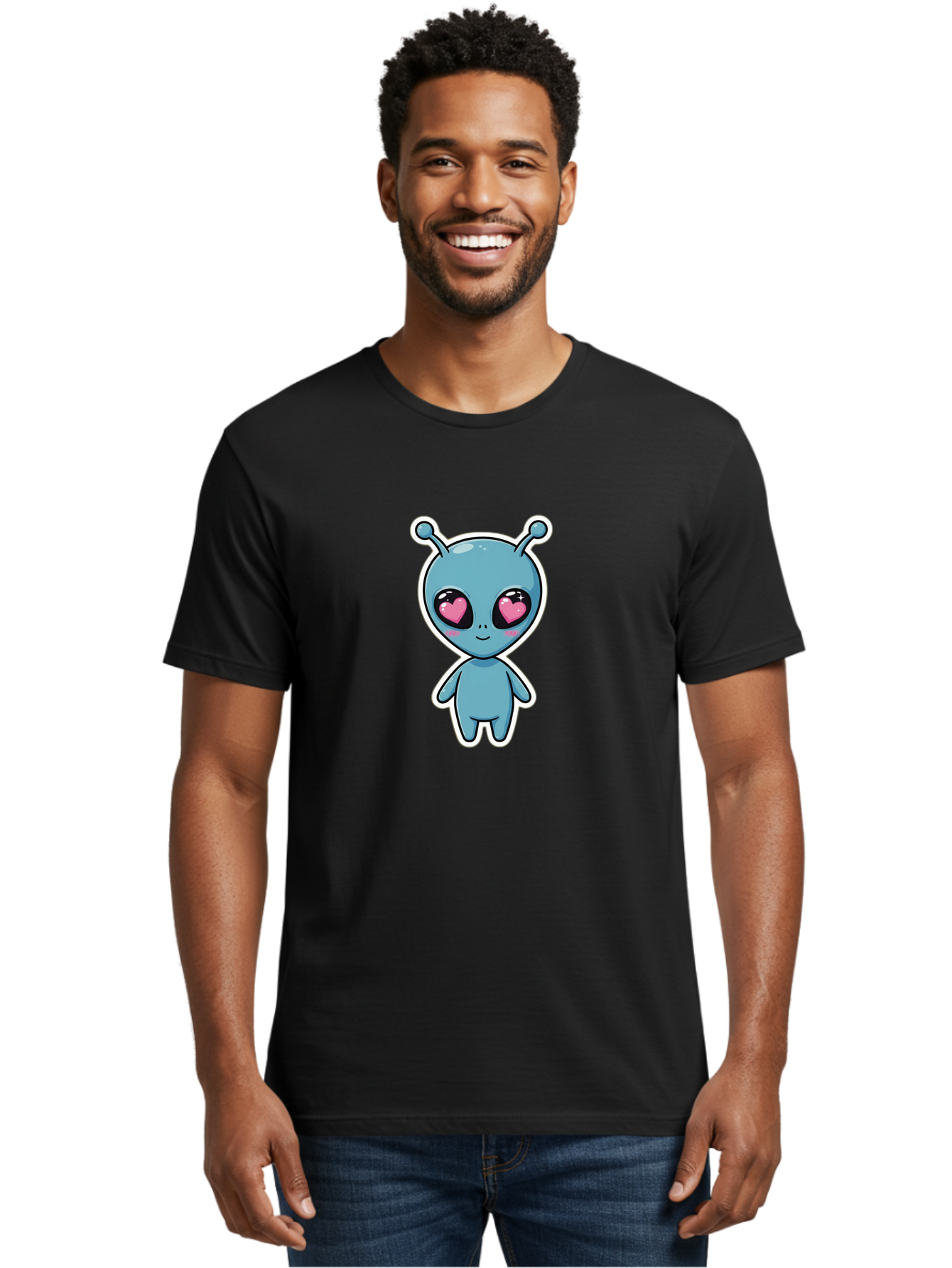 Cute-Alien Men'S Graphic Tee, 100% Cotton, Comfortable Casual Summer Wear, Machine Washable, Cartoon Alien, Cute Extraterrestrial, Blue Creature, Heart Eyes, Pink Irises, Kawaii Character, Alien Illustration, Quirky Design, Adorable Being Bab845