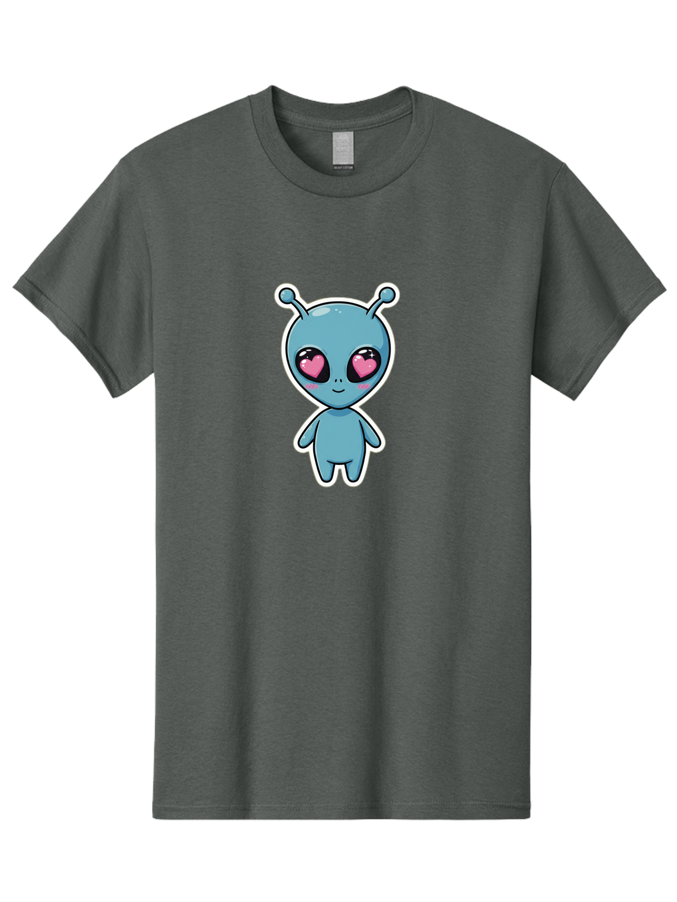 Cute-Alien Men'S Graphic Tee, 100% Cotton, Comfortable Casual Summer Wear, Machine Washable, Cartoon Alien, Cute Extraterrestrial, Blue Creature, Heart Eyes, Pink Irises, Kawaii Character, Alien Illustration, Quirky Design, Adorable Being Bab845