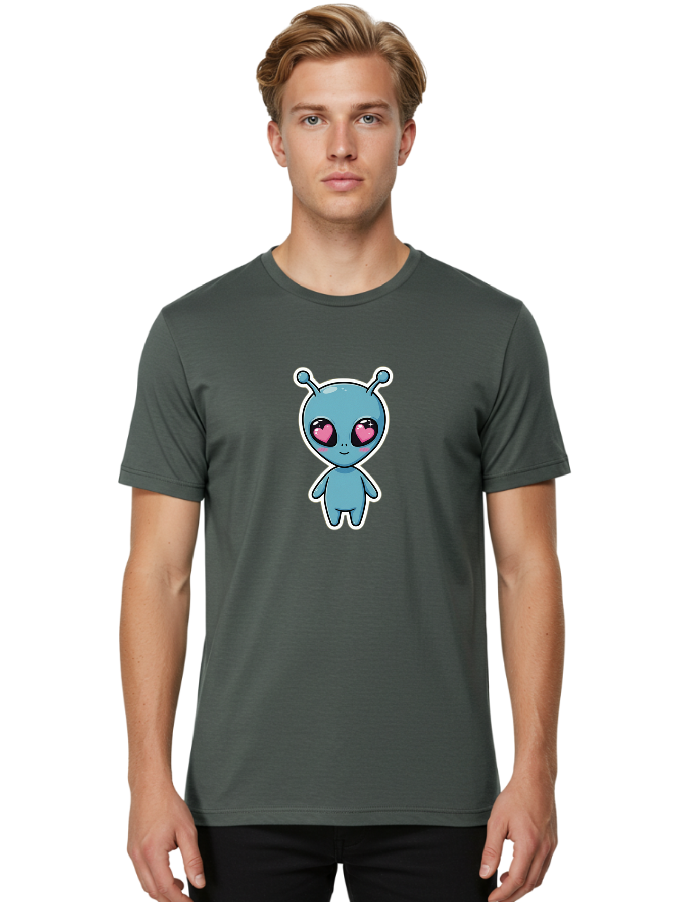 Cute-Alien Men'S Graphic Tee, 100% Cotton, Comfortable Casual Summer Wear, Machine Washable, Cartoon Alien, Cute Extraterrestrial, Blue Creature, Heart Eyes, Pink Irises, Kawaii Character, Alien Illustration, Quirky Design, Adorable Being Bab845