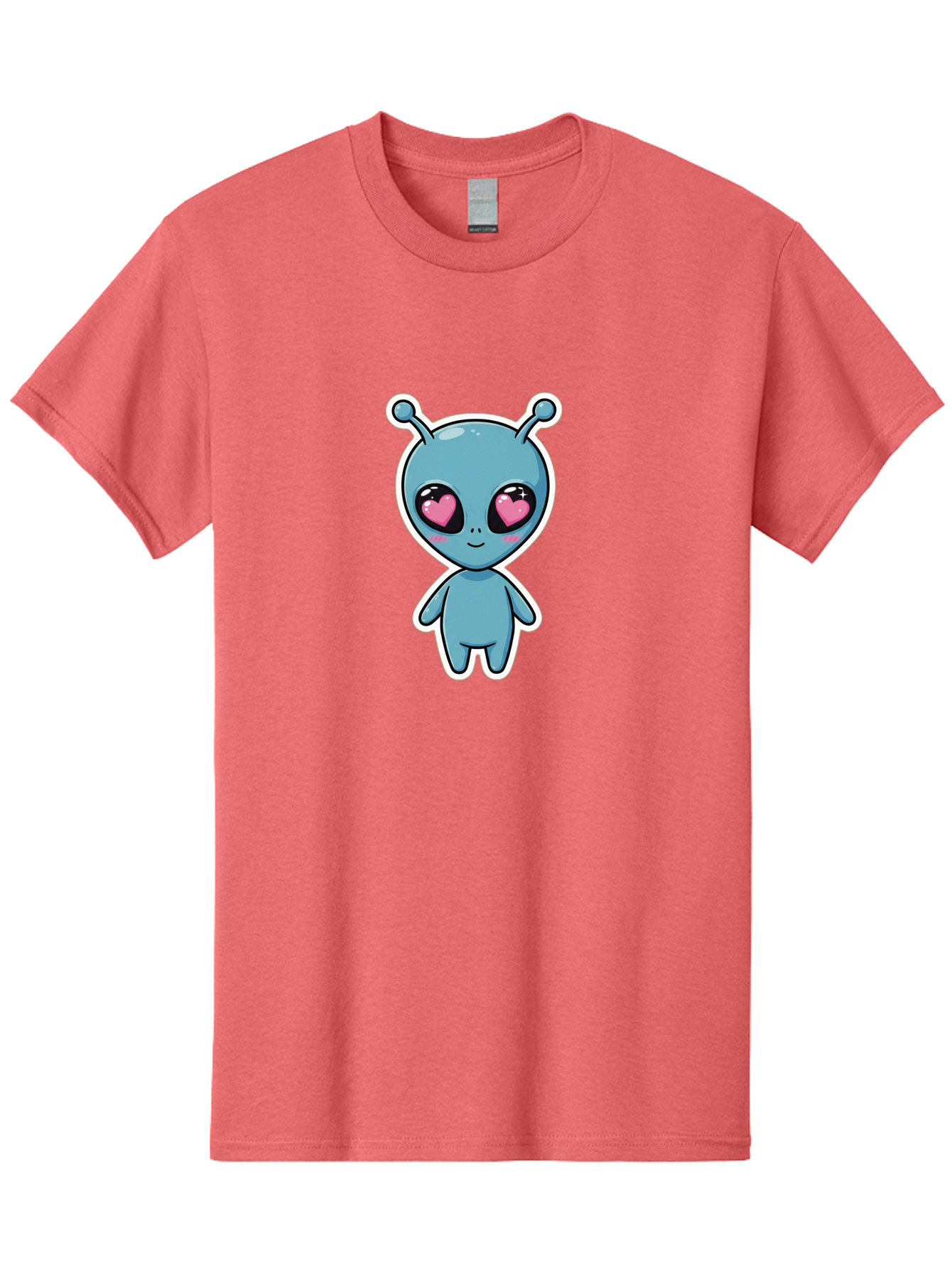 Cute-Alien Men'S Graphic Tee, 100% Cotton, Comfortable Casual Summer Wear, Machine Washable, Cartoon Alien, Cute Extraterrestrial, Blue Creature, Heart Eyes, Pink Irises, Kawaii Character, Alien Illustration, Quirky Design, Adorable Being Bab845