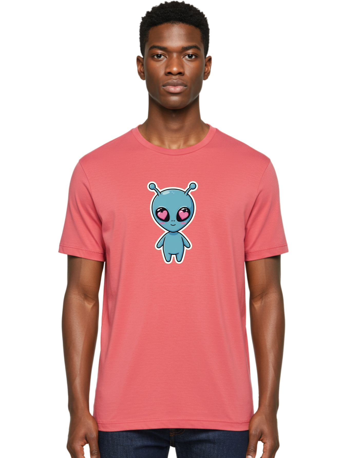 Cute-Alien Men'S Graphic Tee, 100% Cotton, Comfortable Casual Summer Wear, Machine Washable, Cartoon Alien, Cute Extraterrestrial, Blue Creature, Heart Eyes, Pink Irises, Kawaii Character, Alien Illustration, Quirky Design, Adorable Being Bab845