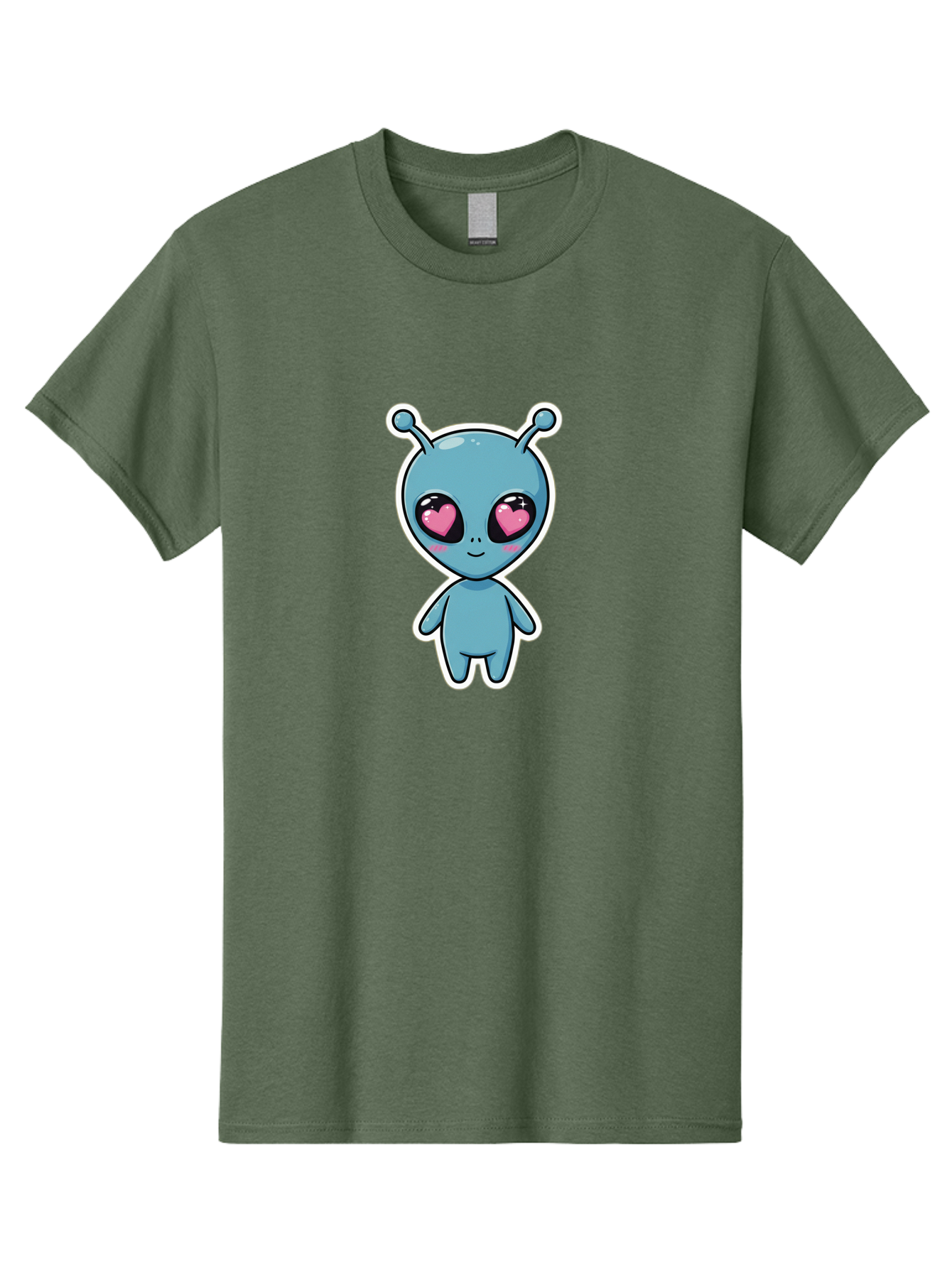 Cute-Alien Men'S Graphic Tee, 100% Cotton, Comfortable Casual Summer Wear, Machine Washable, Cartoon Alien, Cute Extraterrestrial, Blue Creature, Heart Eyes, Pink Irises, Kawaii Character, Alien Illustration, Quirky Design, Adorable Being Bab845
