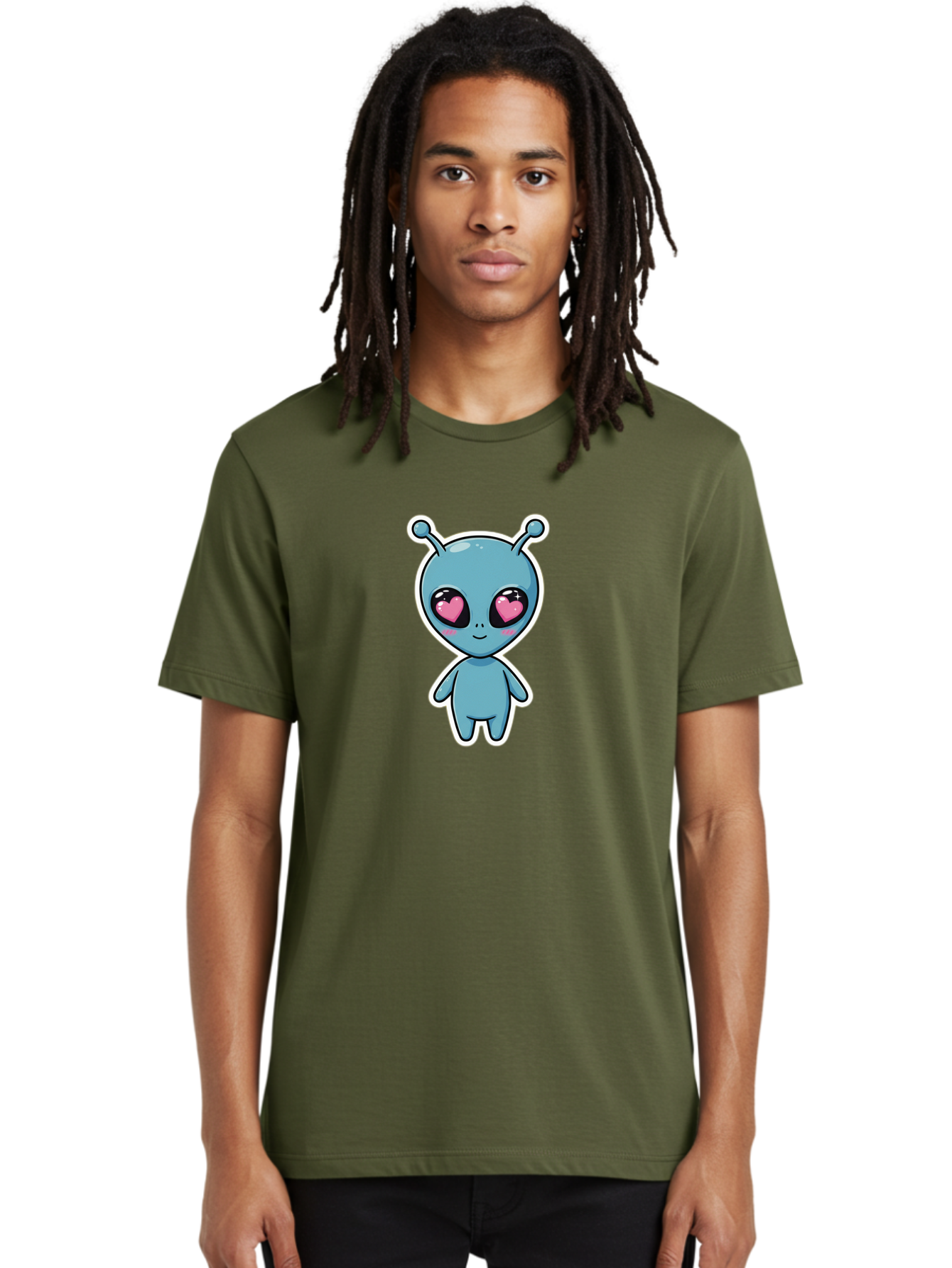 Cute-Alien Men'S Graphic Tee, 100% Cotton, Comfortable Casual Summer Wear, Machine Washable, Cartoon Alien, Cute Extraterrestrial, Blue Creature, Heart Eyes, Pink Irises, Kawaii Character, Alien Illustration, Quirky Design, Adorable Being Bab845