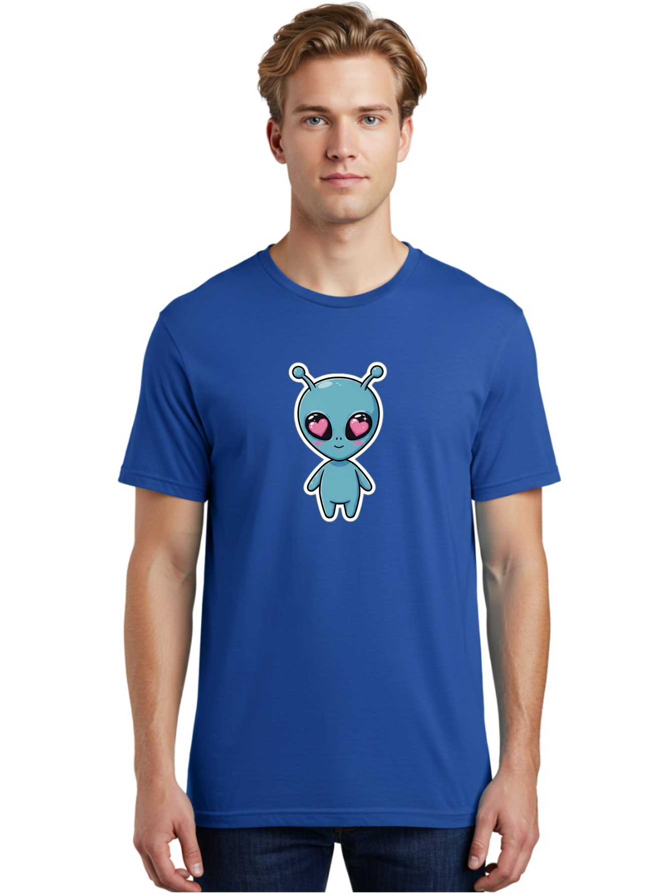 Cute-Alien Men'S Graphic Tee, 100% Cotton, Comfortable Casual Summer Wear, Machine Washable, Cartoon Alien, Cute Extraterrestrial, Blue Creature, Heart Eyes, Pink Irises, Kawaii Character, Alien Illustration, Quirky Design, Adorable Being Bab845