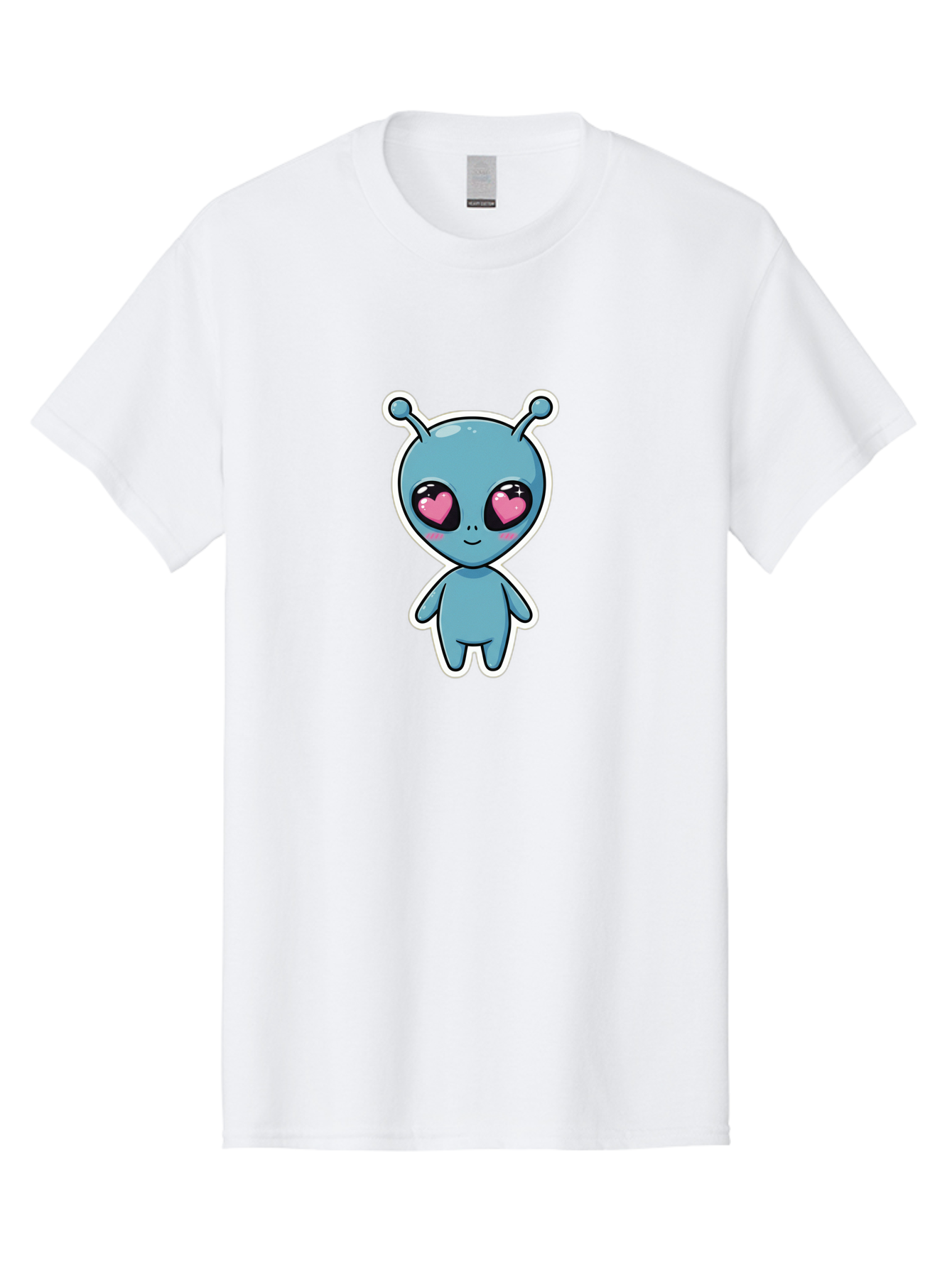 Cute-Alien Men'S Graphic Tee, 100% Cotton, Comfortable Casual Summer Wear, Machine Washable, Cartoon Alien, Cute Extraterrestrial, Blue Creature, Heart Eyes, Pink Irises, Kawaii Character, Alien Illustration, Quirky Design, Adorable Being Bab845
