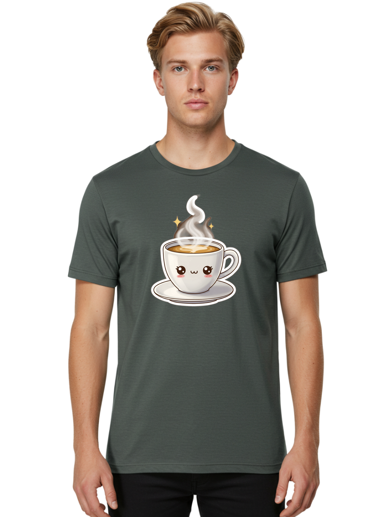 Cute-Coffee-Cup Men'S Graphic Tee, 100% Cotton, Comfortable Casual Summer Wear, Machine Washable, Cute Coffee Cup, Coffee, Coffee Break, Cartoon Character, Steaming Hot Beverage, Kawaii, Morning Pick-Me-Up, Coffee Lover, Happy Face, Espresso Bab846
