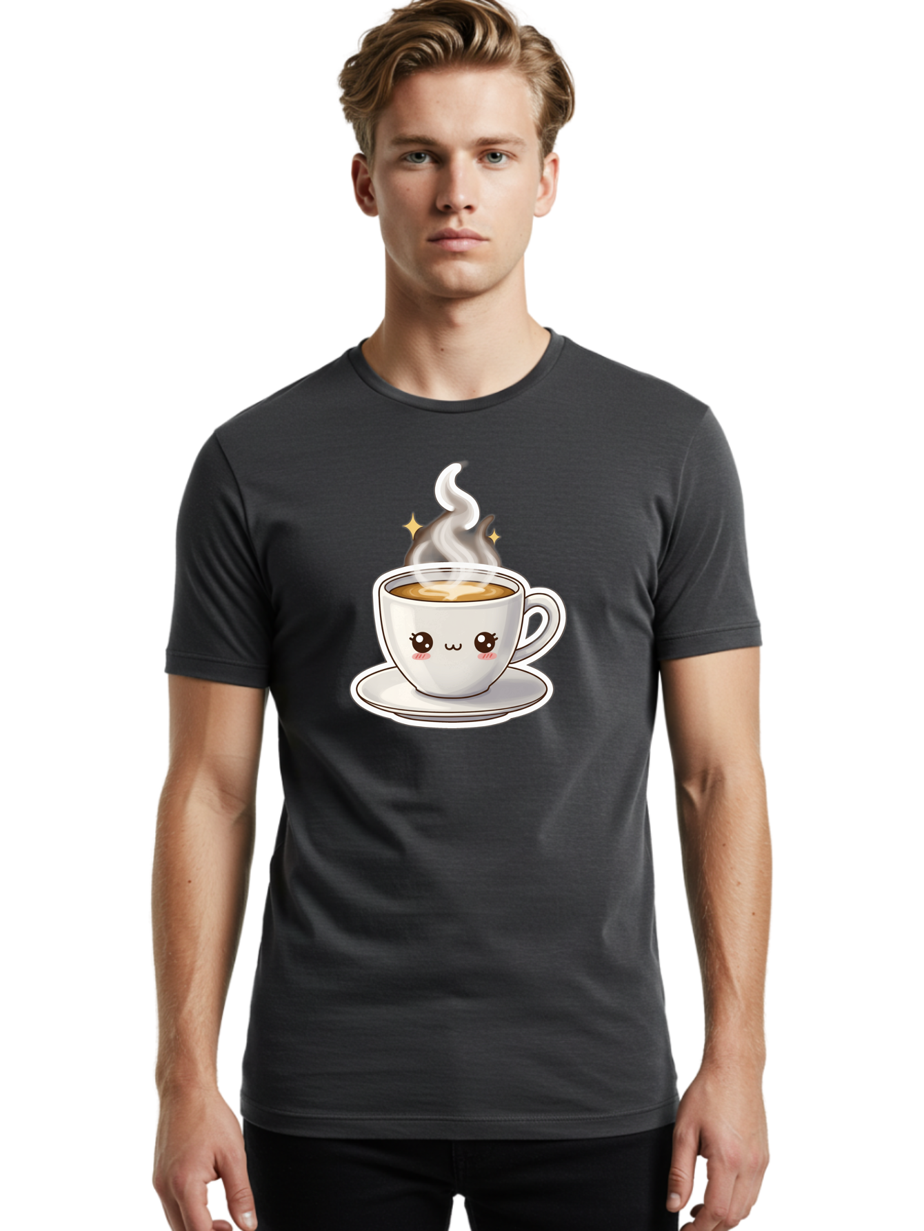 Cute-Coffee-Cup Men'S Graphic Tee, 100% Cotton, Comfortable Casual Summer Wear, Machine Washable, Cute Coffee Cup, Coffee, Coffee Break, Cartoon Character, Steaming Hot Beverage, Kawaii, Morning Pick-Me-Up, Coffee Lover, Happy Face, Espresso Bab846