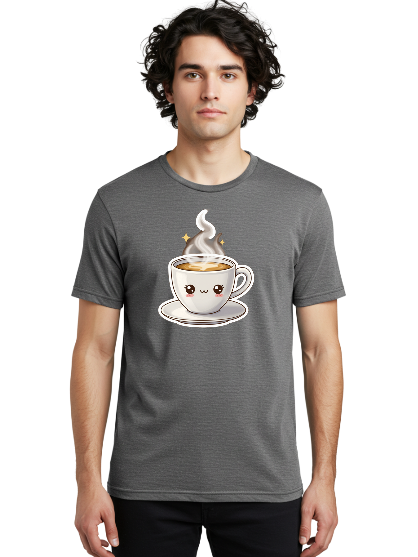 Cute-Coffee-Cup Men'S Graphic Tee, 100% Cotton, Comfortable Casual Summer Wear, Machine Washable, Cute Coffee Cup, Coffee, Coffee Break, Cartoon Character, Steaming Hot Beverage, Kawaii, Morning Pick-Me-Up, Coffee Lover, Happy Face, Espresso Bab846