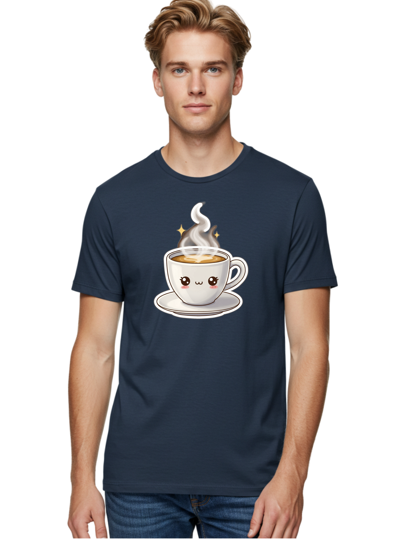 Cute-Coffee-Cup Men'S Graphic Tee, 100% Cotton, Comfortable Casual Summer Wear, Machine Washable, Cute Coffee Cup, Coffee, Coffee Break, Cartoon Character, Steaming Hot Beverage, Kawaii, Morning Pick-Me-Up, Coffee Lover, Happy Face, Espresso Bab846