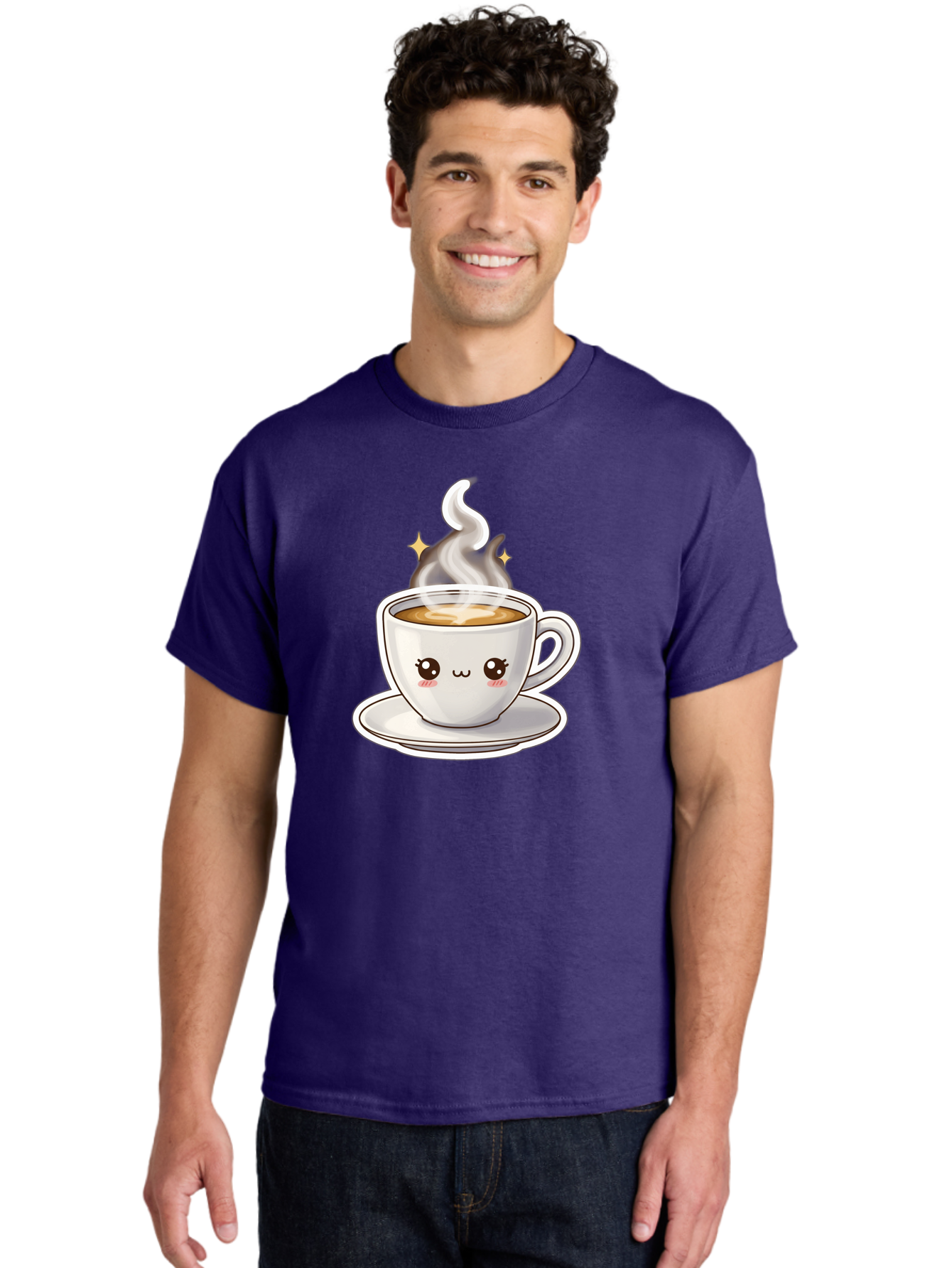 Cute-Coffee-Cup Men'S Graphic Tee, 100% Cotton, Comfortable Casual Summer Wear, Machine Washable, Cute Coffee Cup, Coffee, Coffee Break, Cartoon Character, Steaming Hot Beverage, Kawaii, Morning Pick-Me-Up, Coffee Lover, Happy Face, Espresso Bab846