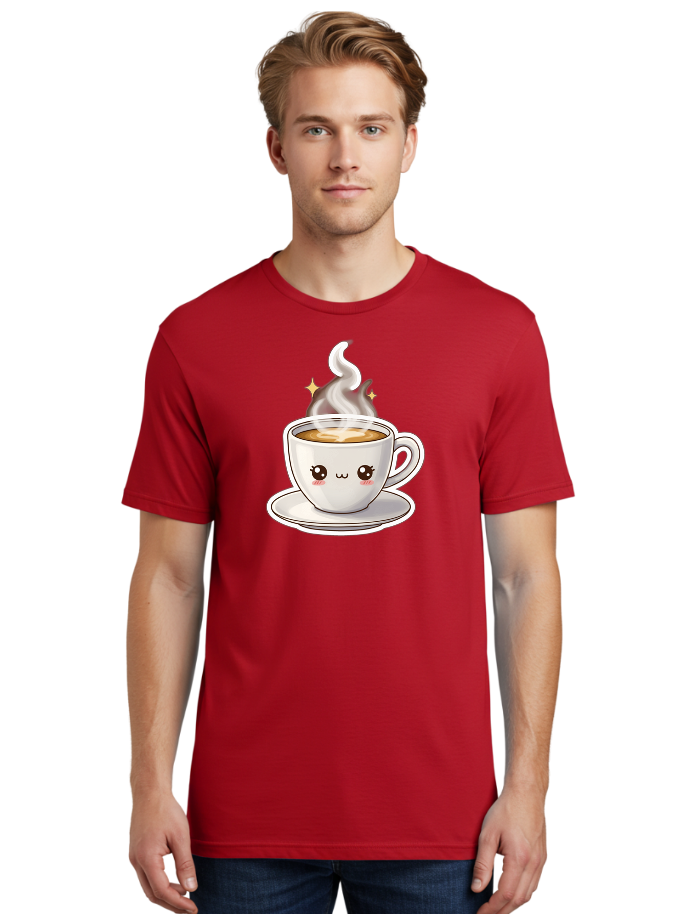 Cute-Coffee-Cup Men'S Graphic Tee, 100% Cotton, Comfortable Casual Summer Wear, Machine Washable, Cute Coffee Cup, Coffee, Coffee Break, Cartoon Character, Steaming Hot Beverage, Kawaii, Morning Pick-Me-Up, Coffee Lover, Happy Face, Espresso Bab846