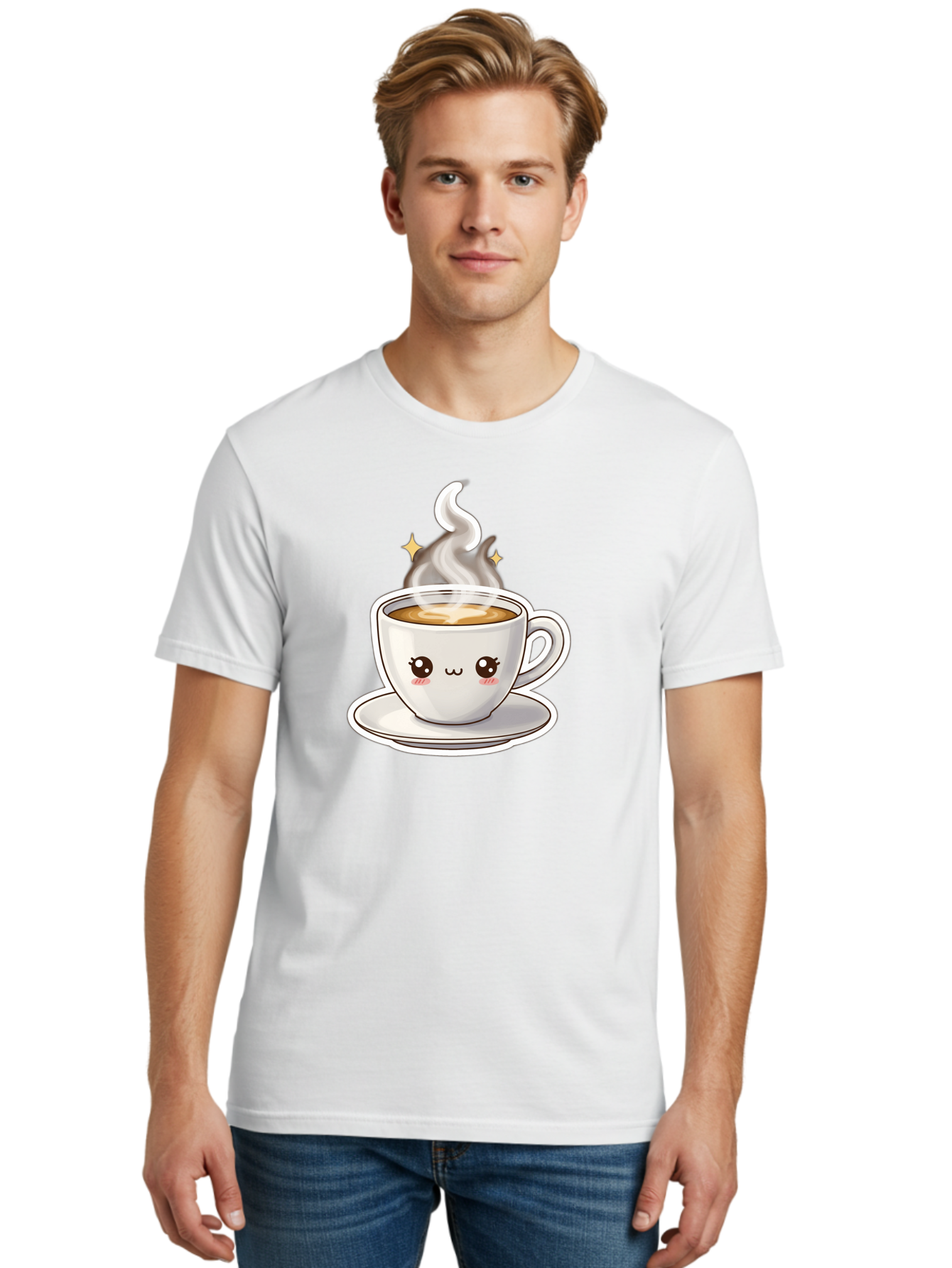 Cute-Coffee-Cup Men'S Graphic Tee, 100% Cotton, Comfortable Casual Summer Wear, Machine Washable, Cute Coffee Cup, Coffee, Coffee Break, Cartoon Character, Steaming Hot Beverage, Kawaii, Morning Pick-Me-Up, Coffee Lover, Happy Face, Espresso Bab846
