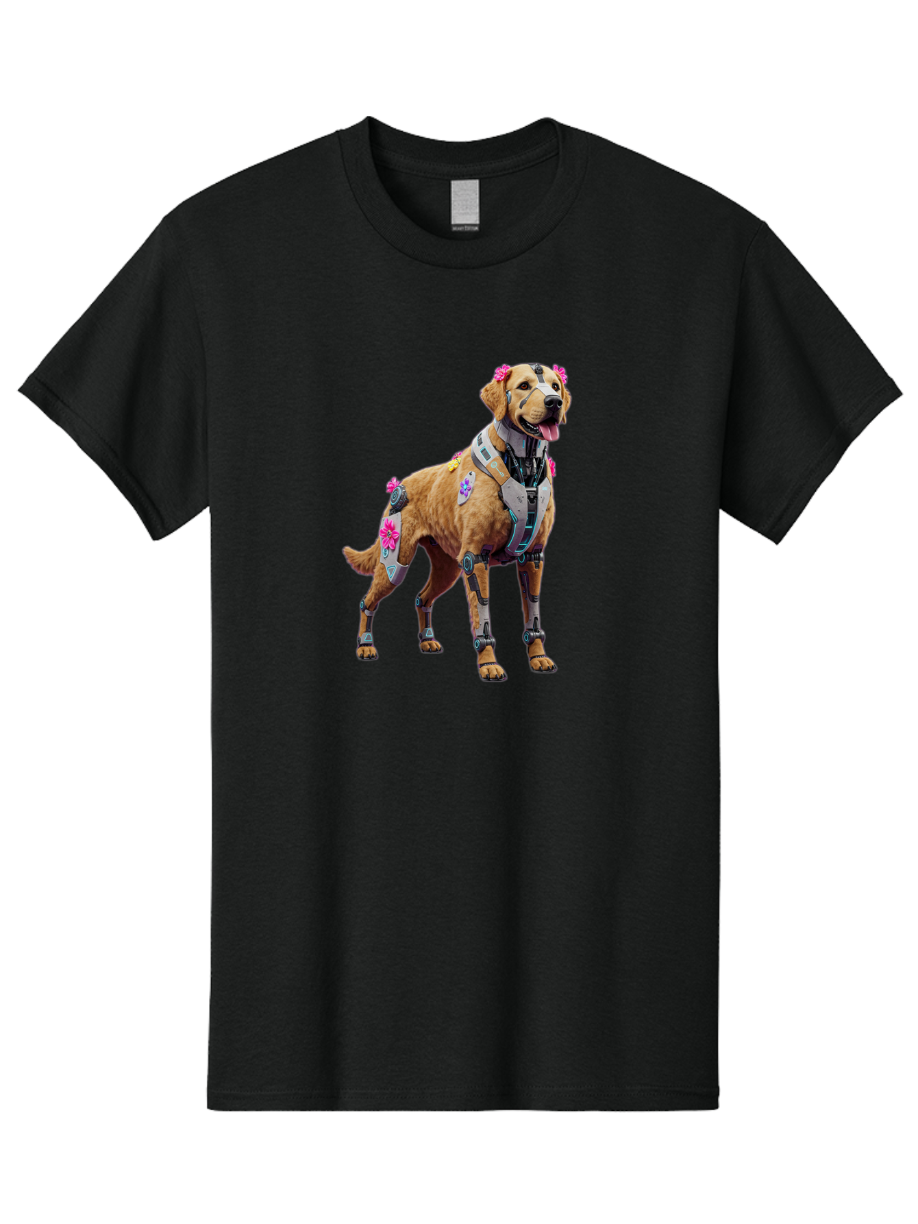 Cyber-Dog Men'S Graphic Tee, 100% Cotton, Comfortable Casual Summer Wear, Machine Washable, Cyberpunk Dog, Futuristic Canine, Dog With Cybernetic Enhancements, Robotic Dog, Sci-Fi Pet, Flowers On Ears, Floral Accents, Metallic Plating, Bab847