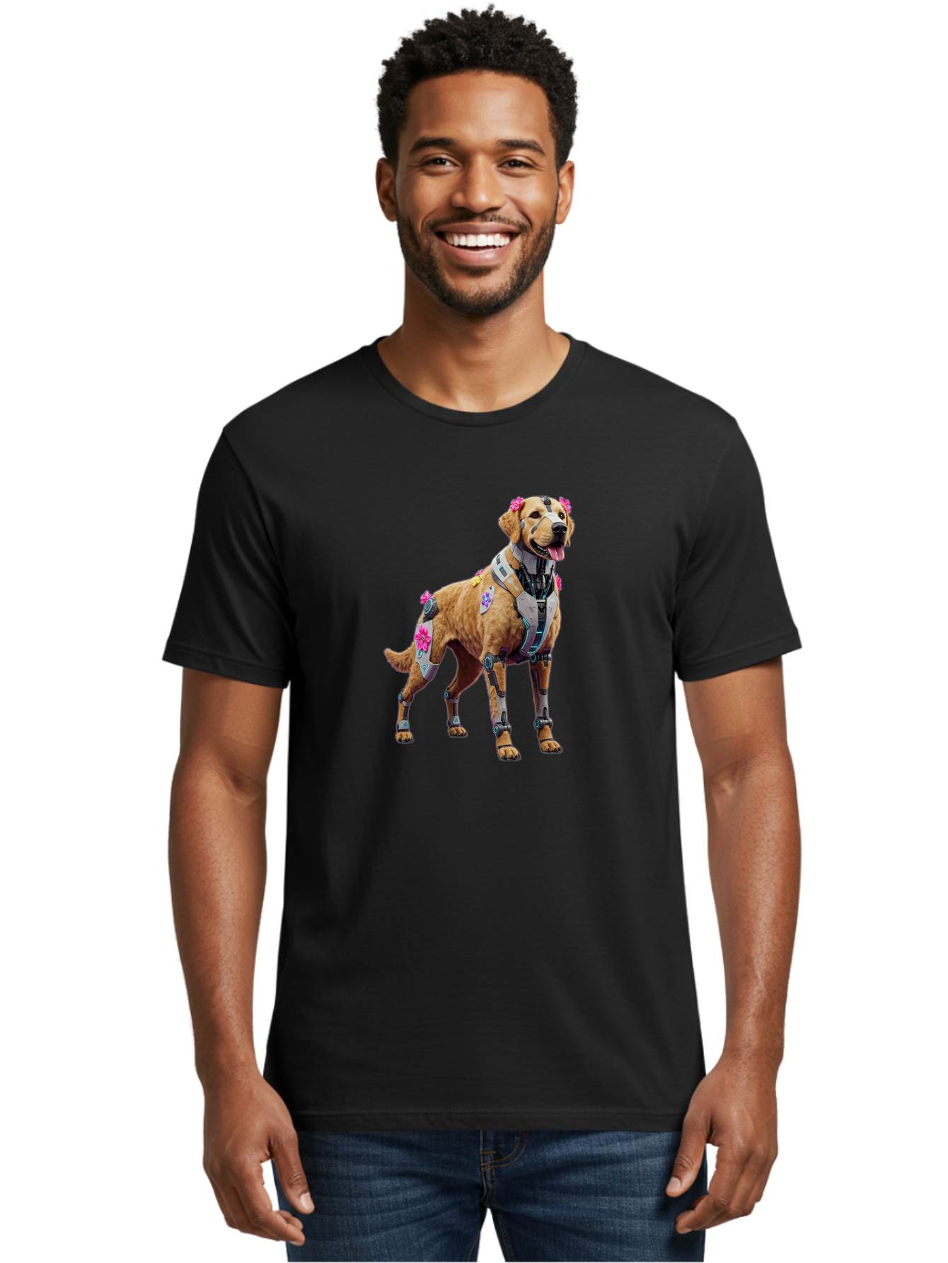 Cyber-Dog Men'S Graphic Tee, 100% Cotton, Comfortable Casual Summer Wear, Machine Washable, Cyberpunk Dog, Futuristic Canine, Dog With Cybernetic Enhancements, Robotic Dog, Sci-Fi Pet, Flowers On Ears, Floral Accents, Metallic Plating, Bab847
