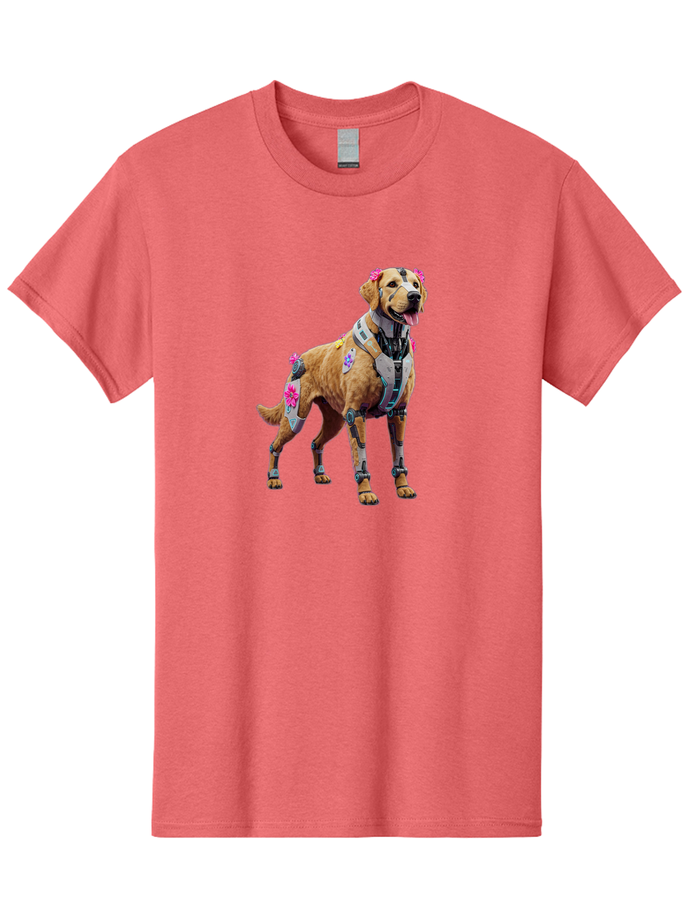 Cyber-Dog Men'S Graphic Tee, 100% Cotton, Comfortable Casual Summer Wear, Machine Washable, Cyberpunk Dog, Futuristic Canine, Dog With Cybernetic Enhancements, Robotic Dog, Sci-Fi Pet, Flowers On Ears, Floral Accents, Metallic Plating, Bab847