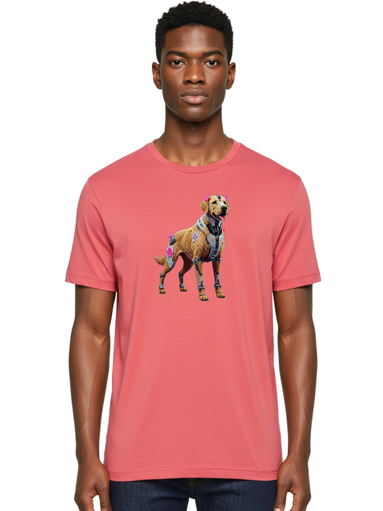 Cyber-Dog Men'S Graphic Tee, 100% Cotton, Comfortable Casual Summer Wear, Machine Washable, Cyberpunk Dog, Futuristic Canine, Dog With Cybernetic Enhancements, Robotic Dog, Sci-Fi Pet, Flowers On Ears, Floral Accents, Metallic Plating, Bab847