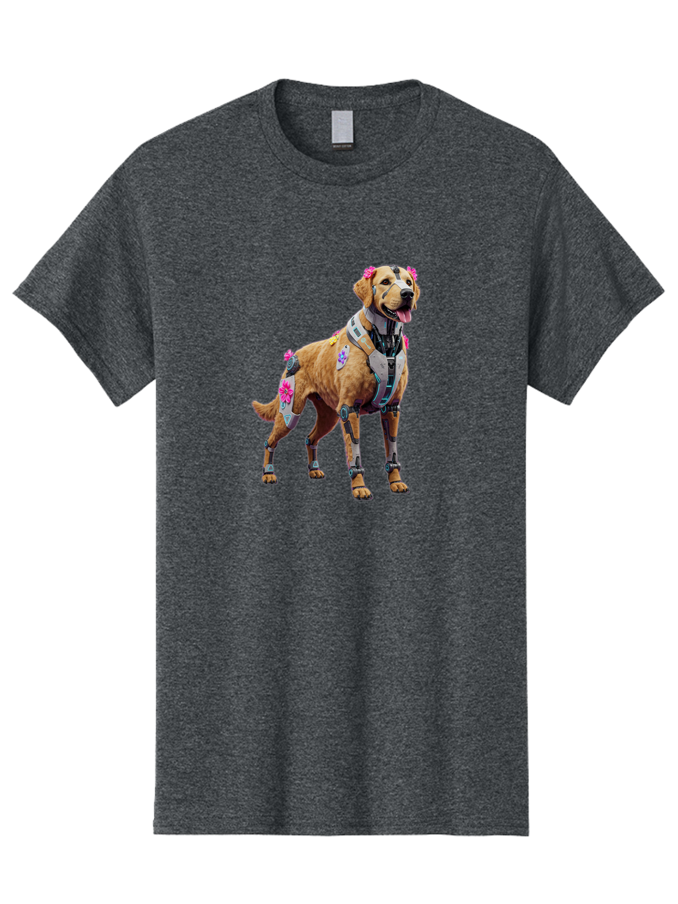 Cyber-Dog Men'S Graphic Tee, 100% Cotton, Comfortable Casual Summer Wear, Machine Washable, Cyberpunk Dog, Futuristic Canine, Dog With Cybernetic Enhancements, Robotic Dog, Sci-Fi Pet, Flowers On Ears, Floral Accents, Metallic Plating, Bab847