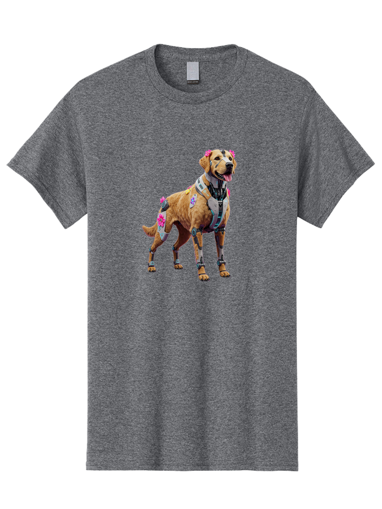 Cyber-Dog Men'S Graphic Tee, 100% Cotton, Comfortable Casual Summer Wear, Machine Washable, Cyberpunk Dog, Futuristic Canine, Dog With Cybernetic Enhancements, Robotic Dog, Sci-Fi Pet, Flowers On Ears, Floral Accents, Metallic Plating, Bab847