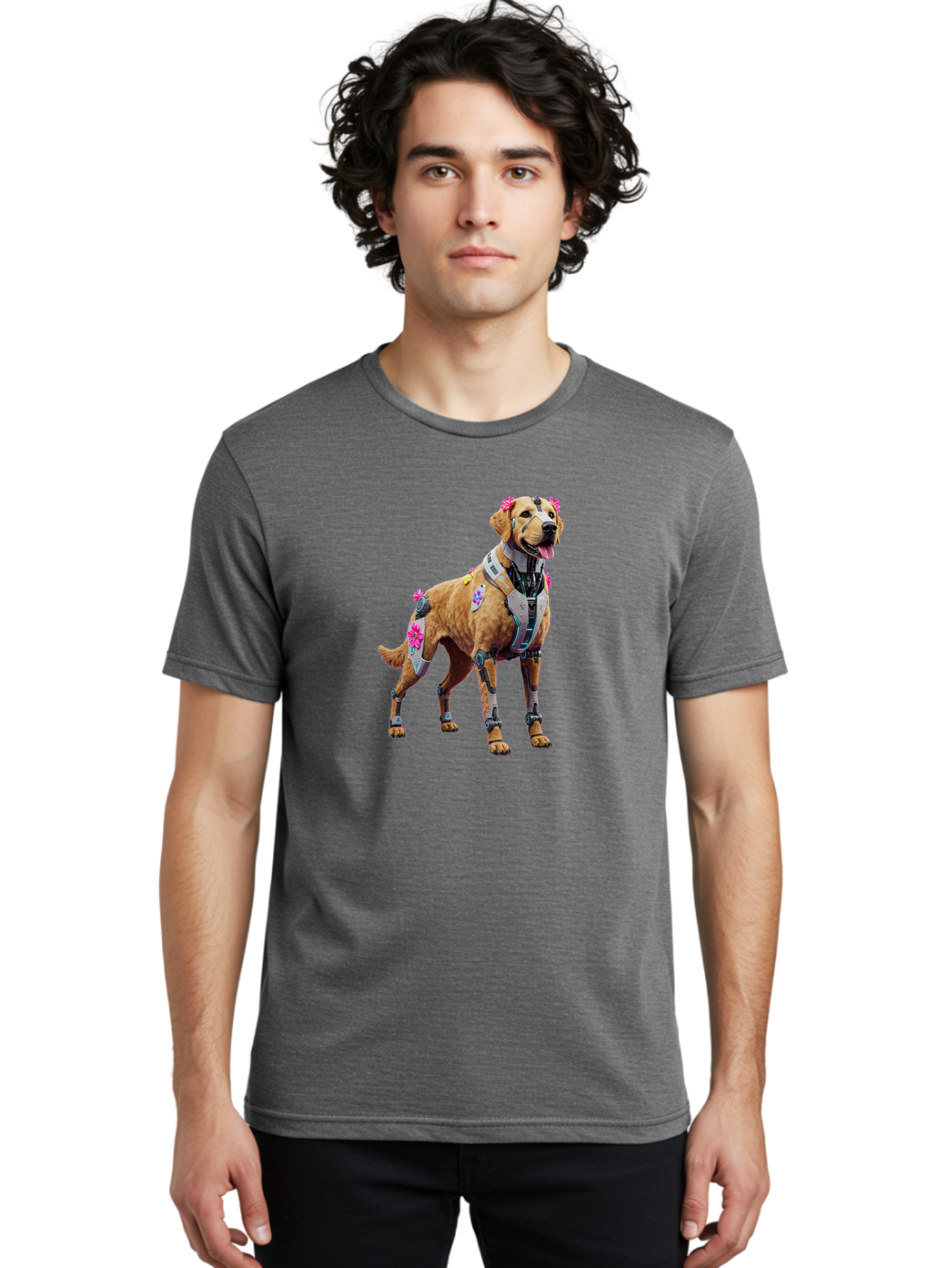 Cyber-Dog Men'S Graphic Tee, 100% Cotton, Comfortable Casual Summer Wear, Machine Washable, Cyberpunk Dog, Futuristic Canine, Dog With Cybernetic Enhancements, Robotic Dog, Sci-Fi Pet, Flowers On Ears, Floral Accents, Metallic Plating, Bab847