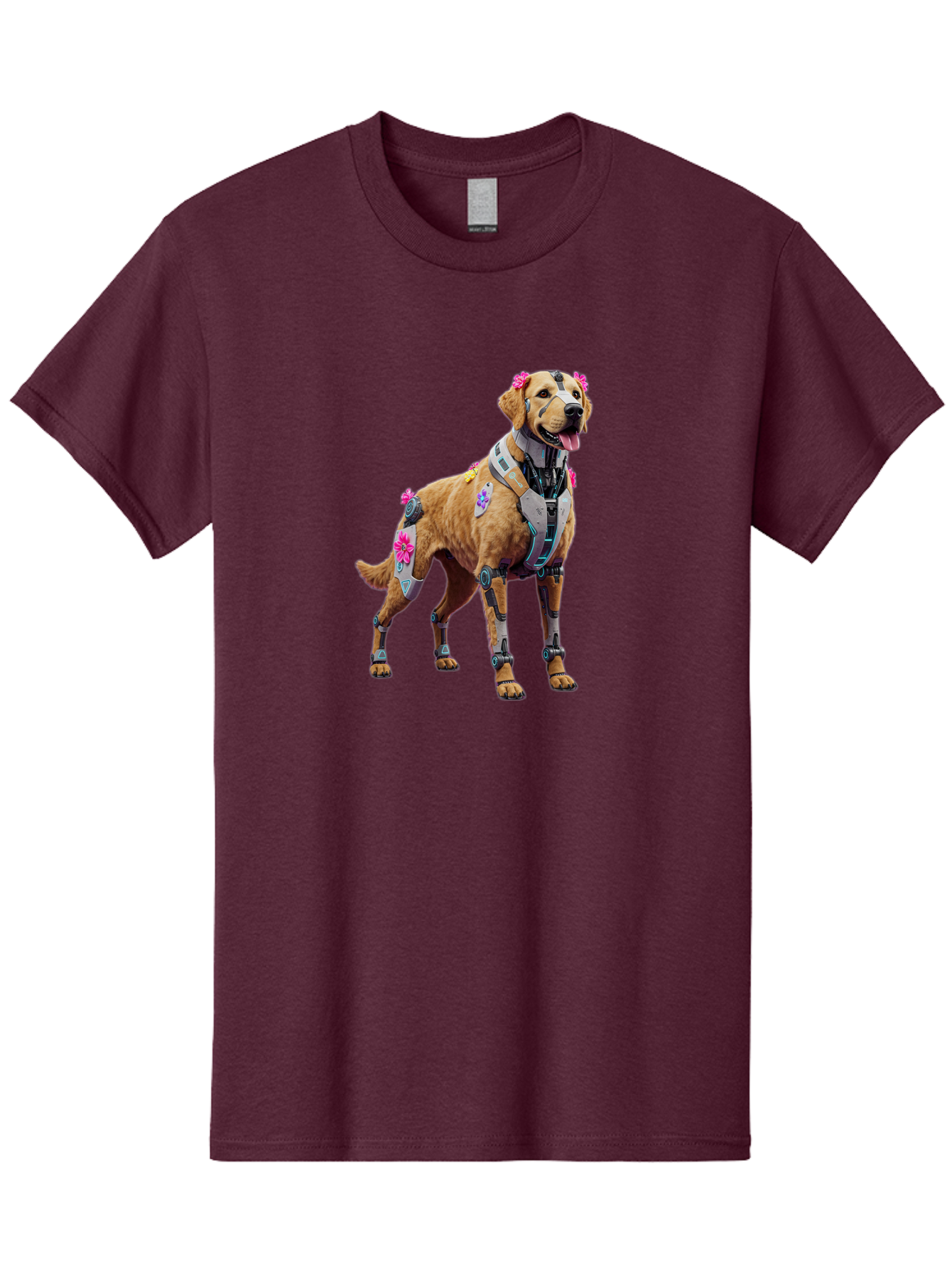 Cyber-Dog Men'S Graphic Tee, 100% Cotton, Comfortable Casual Summer Wear, Machine Washable, Cyberpunk Dog, Futuristic Canine, Dog With Cybernetic Enhancements, Robotic Dog, Sci-Fi Pet, Flowers On Ears, Floral Accents, Metallic Plating, Bab847