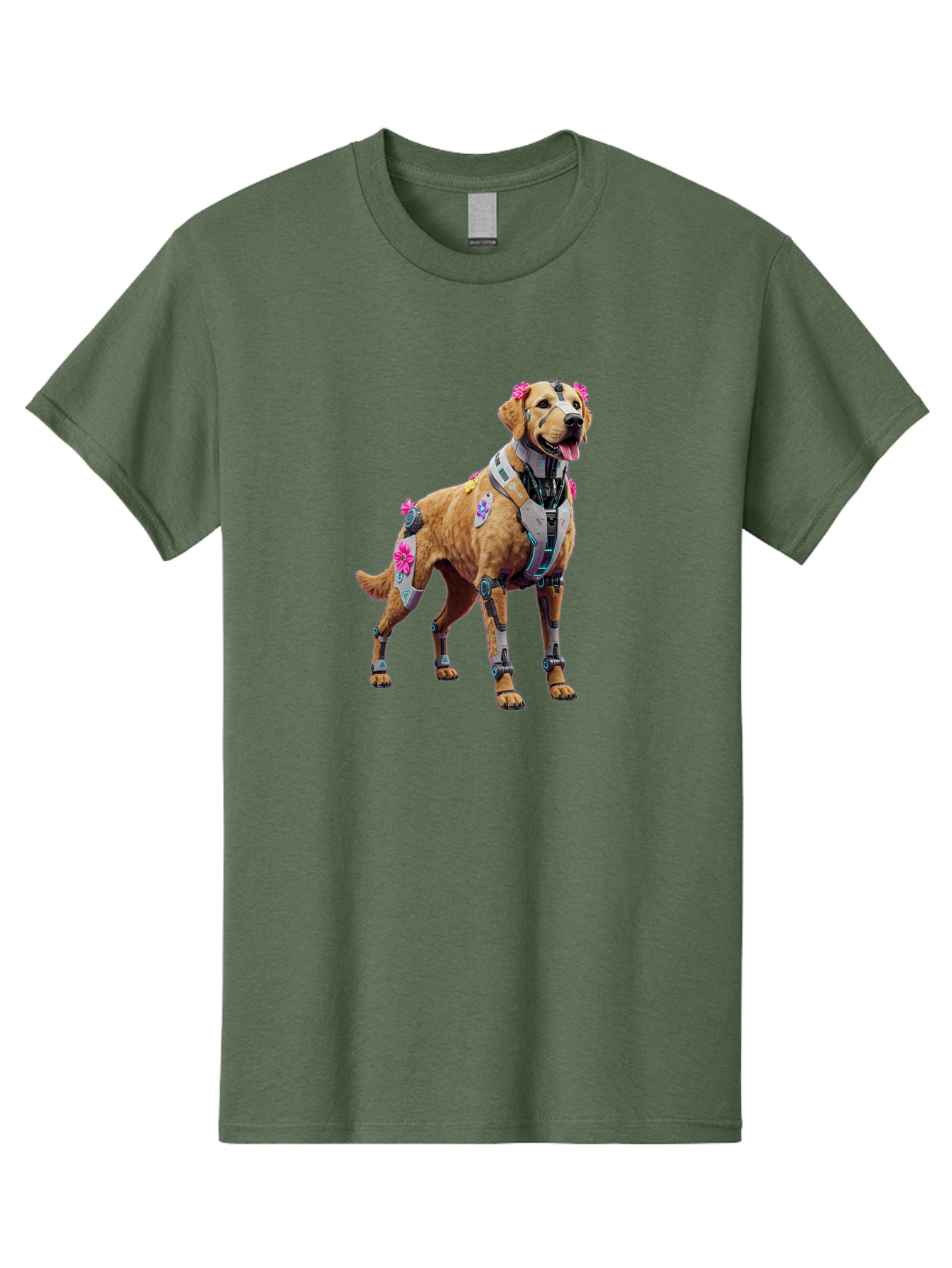 Cyber-Dog Men'S Graphic Tee, 100% Cotton, Comfortable Casual Summer Wear, Machine Washable, Cyberpunk Dog, Futuristic Canine, Dog With Cybernetic Enhancements, Robotic Dog, Sci-Fi Pet, Flowers On Ears, Floral Accents, Metallic Plating, Bab847