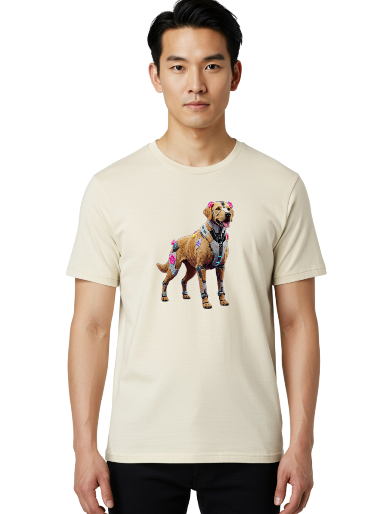 Cyber-Dog Men'S Graphic Tee, 100% Cotton, Comfortable Casual Summer Wear, Machine Washable, Cyberpunk Dog, Futuristic Canine, Dog With Cybernetic Enhancements, Robotic Dog, Sci-Fi Pet, Flowers On Ears, Floral Accents, Metallic Plating, Bab847
