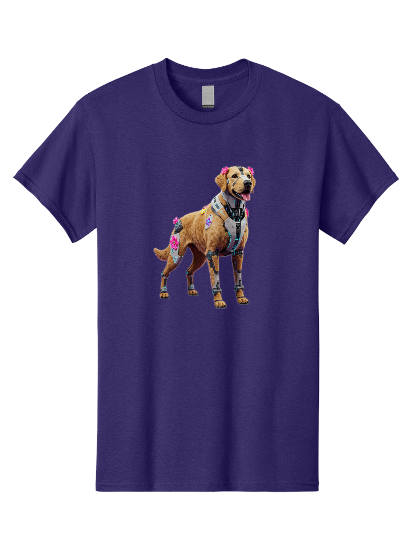 Cyber-Dog Men'S Graphic Tee, 100% Cotton, Comfortable Casual Summer Wear, Machine Washable, Cyberpunk Dog, Futuristic Canine, Dog With Cybernetic Enhancements, Robotic Dog, Sci-Fi Pet, Flowers On Ears, Floral Accents, Metallic Plating, Bab847