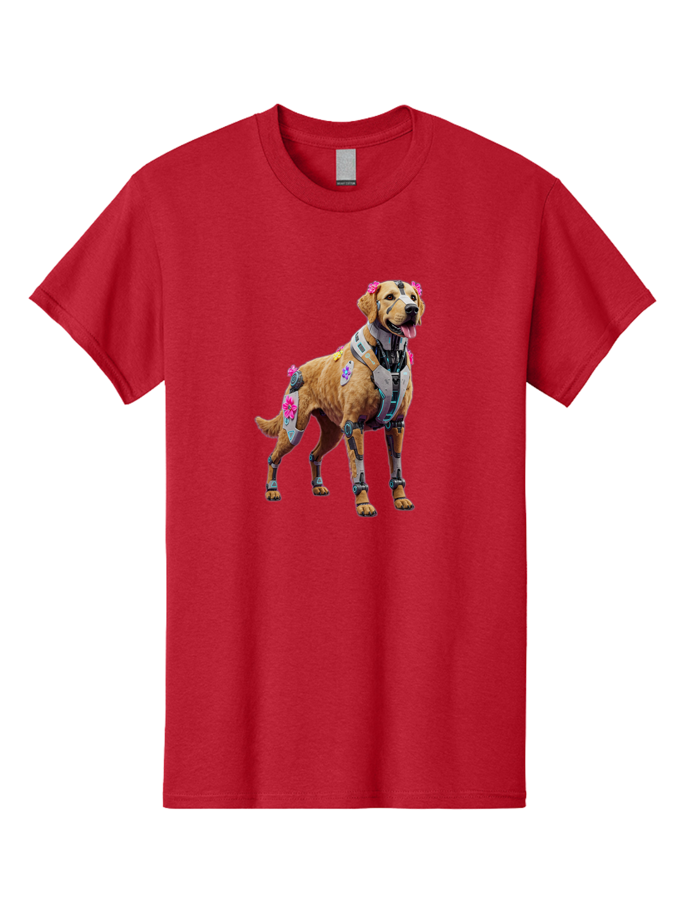 Cyber-Dog Men'S Graphic Tee, 100% Cotton, Comfortable Casual Summer Wear, Machine Washable, Cyberpunk Dog, Futuristic Canine, Dog With Cybernetic Enhancements, Robotic Dog, Sci-Fi Pet, Flowers On Ears, Floral Accents, Metallic Plating, Bab847