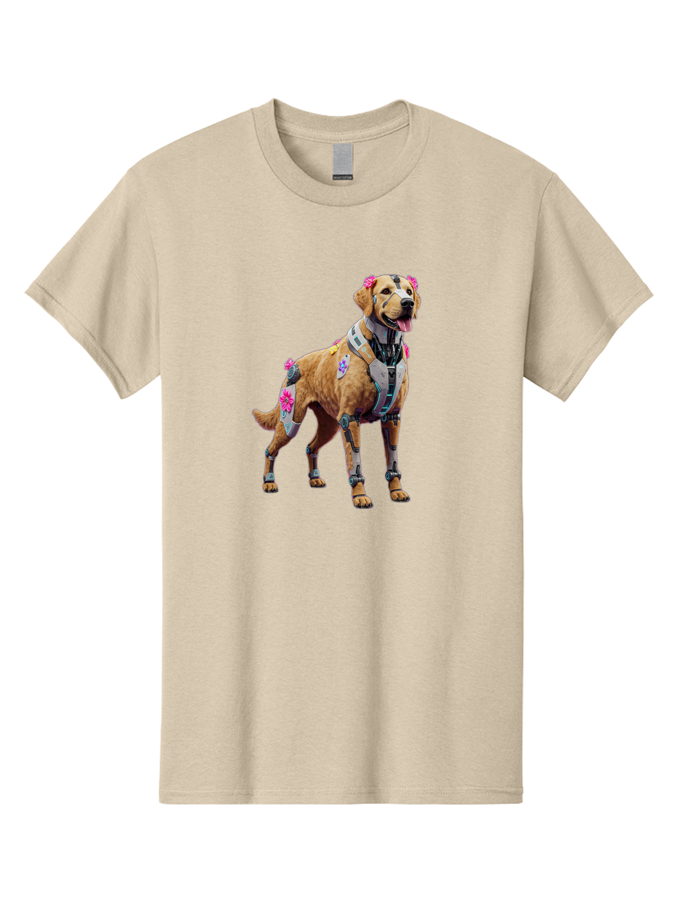 Cyber-Dog Men'S Graphic Tee, 100% Cotton, Comfortable Casual Summer Wear, Machine Washable, Cyberpunk Dog, Futuristic Canine, Dog With Cybernetic Enhancements, Robotic Dog, Sci-Fi Pet, Flowers On Ears, Floral Accents, Metallic Plating, Bab847