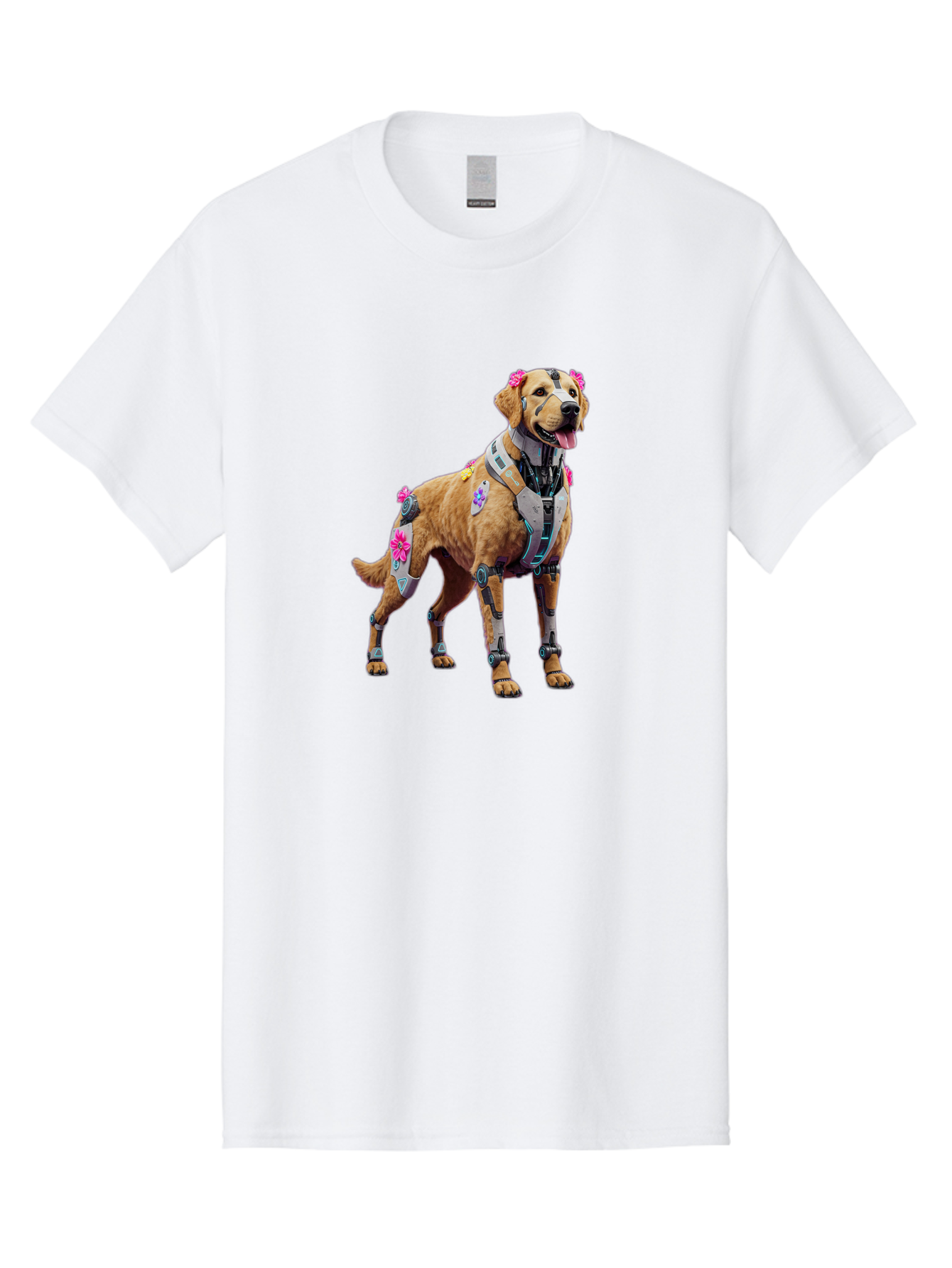 Cyber-Dog Men'S Graphic Tee, 100% Cotton, Comfortable Casual Summer Wear, Machine Washable, Cyberpunk Dog, Futuristic Canine, Dog With Cybernetic Enhancements, Robotic Dog, Sci-Fi Pet, Flowers On Ears, Floral Accents, Metallic Plating, Bab847