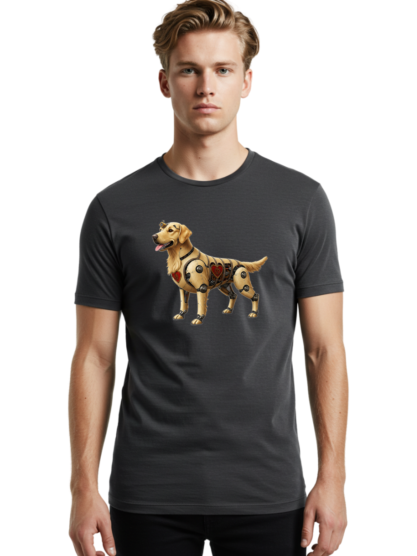 Cyborg-Golden-Retriever Men'S Graphic Tee, 100% Cotton, Comfortable Casual Summer Wear, Machine Washable, Cyborg Dog, Robotic Limbs, Golden Retriever, Futuristic Pet, Sci-Fi Art, Mechanical Enhancements, Heart-Shaped Components, Bab848