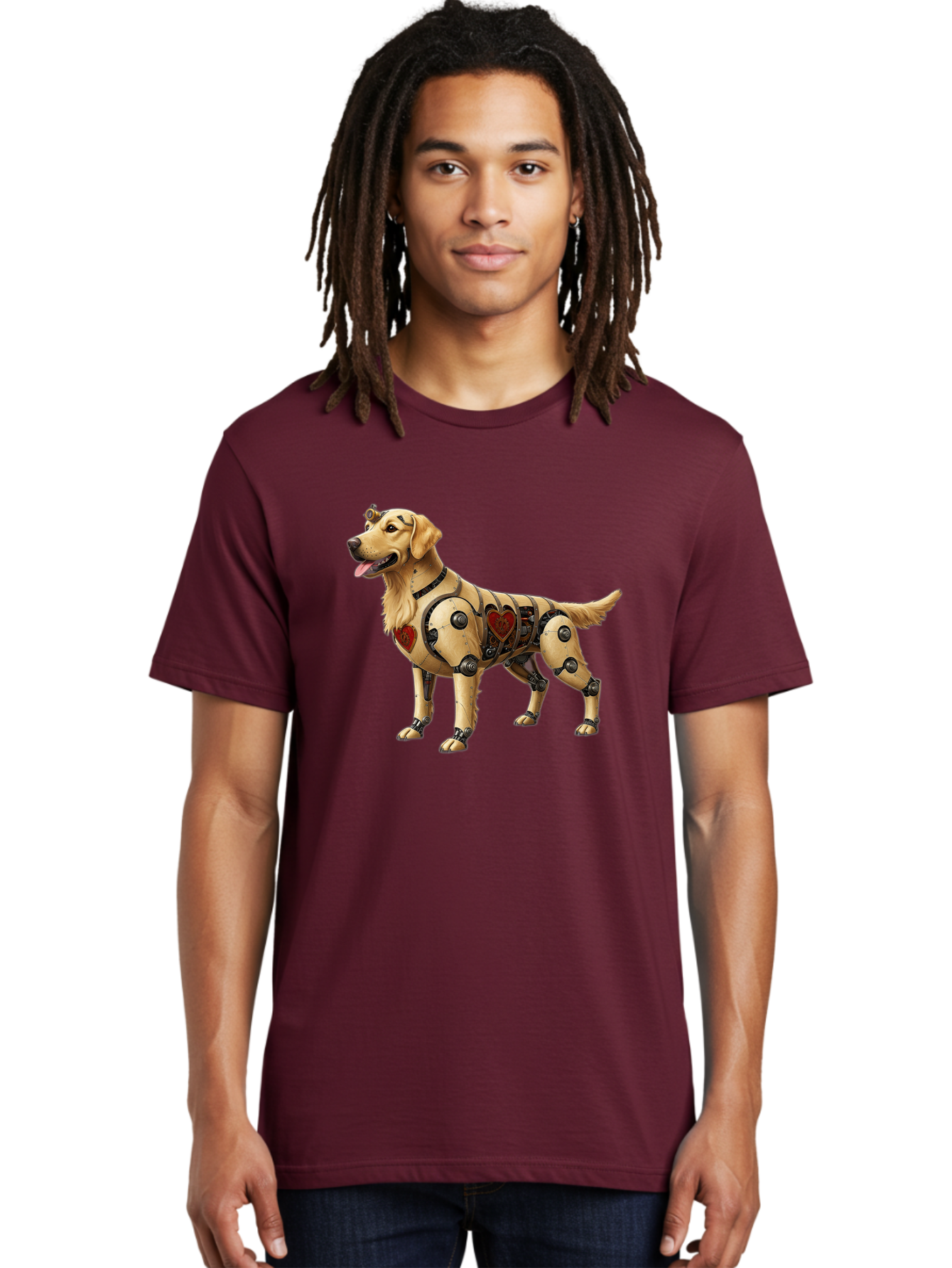 Cyborg-Golden-Retriever Men'S Graphic Tee, 100% Cotton, Comfortable Casual Summer Wear, Machine Washable, Cyborg Dog, Robotic Limbs, Golden Retriever, Futuristic Pet, Sci-Fi Art, Mechanical Enhancements, Heart-Shaped Components, Bab848