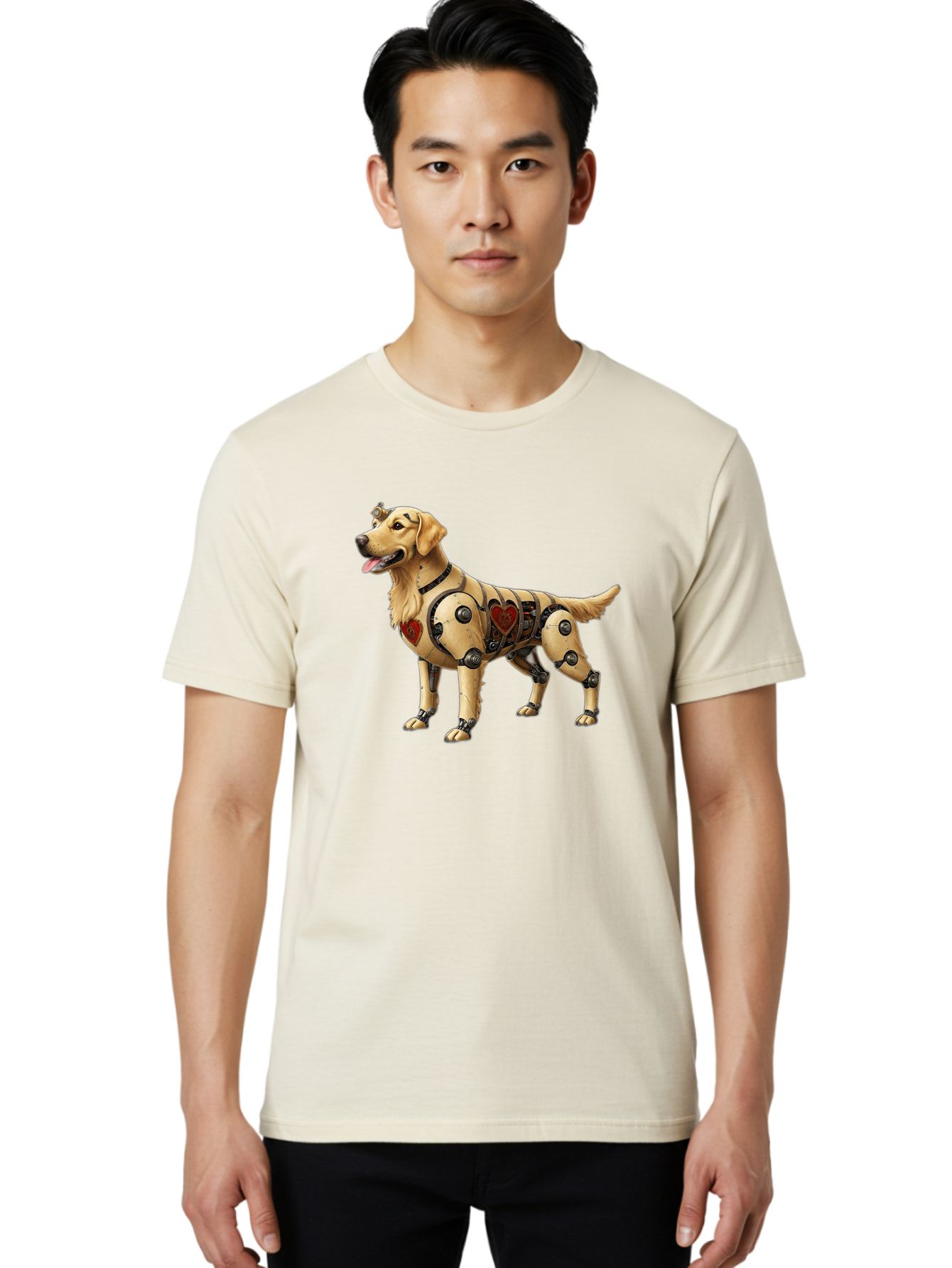 Cyborg-Golden-Retriever Men'S Graphic Tee, 100% Cotton, Comfortable Casual Summer Wear, Machine Washable, Cyborg Dog, Robotic Limbs, Golden Retriever, Futuristic Pet, Sci-Fi Art, Mechanical Enhancements, Heart-Shaped Components, Bab848