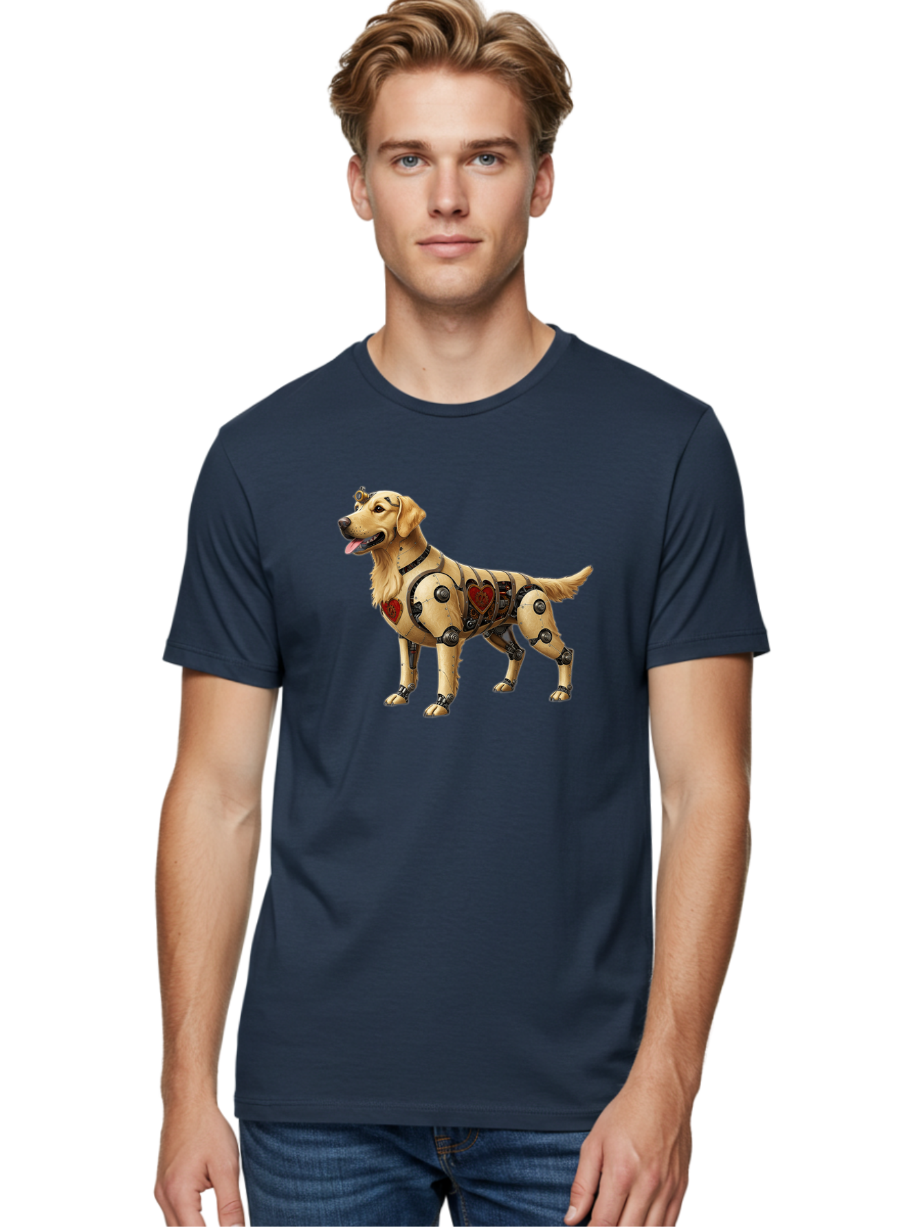 Cyborg-Golden-Retriever Men'S Graphic Tee, 100% Cotton, Comfortable Casual Summer Wear, Machine Washable, Cyborg Dog, Robotic Limbs, Golden Retriever, Futuristic Pet, Sci-Fi Art, Mechanical Enhancements, Heart-Shaped Components, Bab848