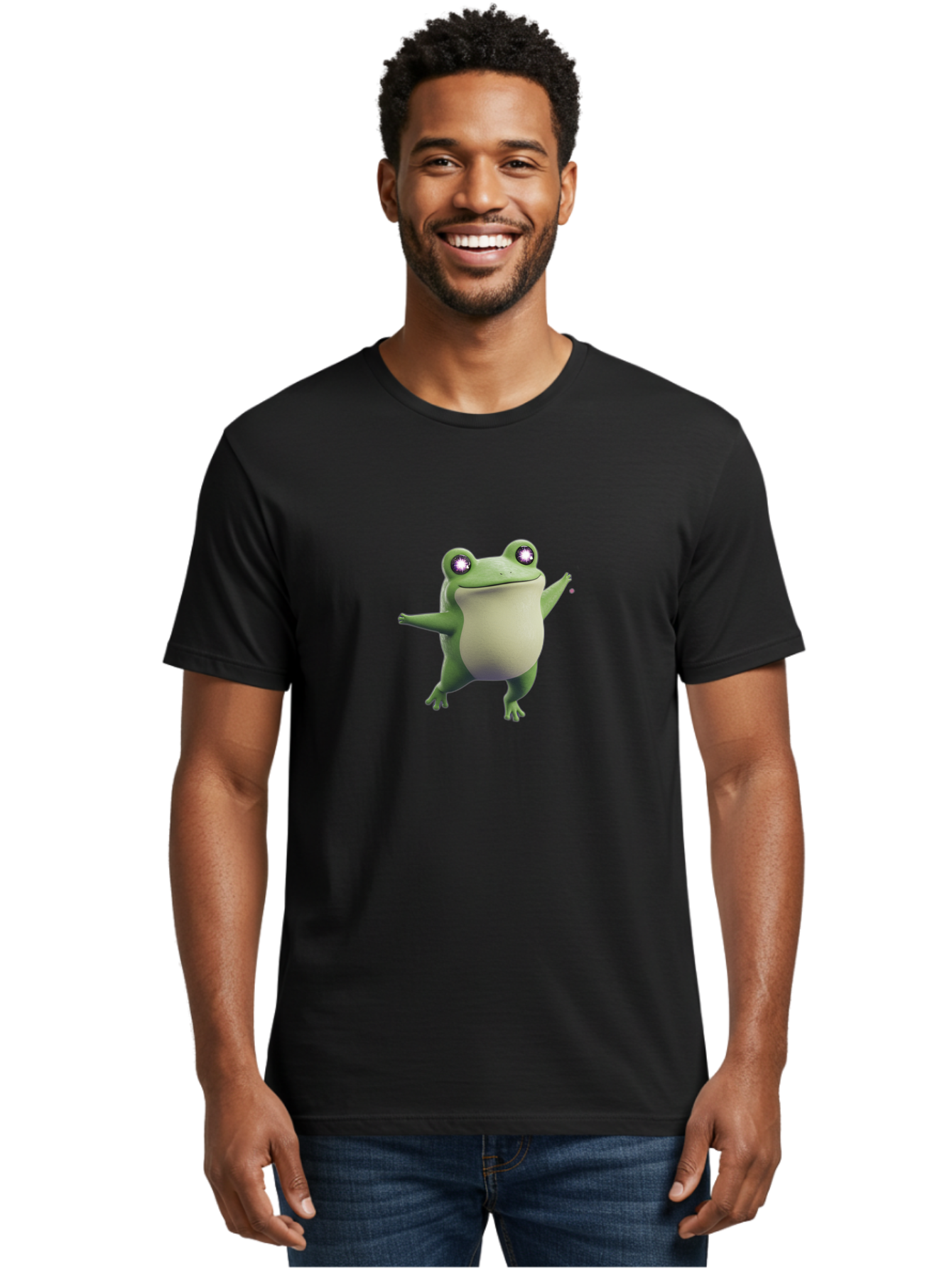 Dancing-Frog-1 Men'S Graphic Tee, 100% Cotton, Comfortable Casual Summer Wear, Machine Washable, Cartoon Frog, Dancing Pose, Funny Animal, Animated Character, 3D Rendering, Big Eyes, Cute Creature, Playful Gesture, Comedic Effect Bab850