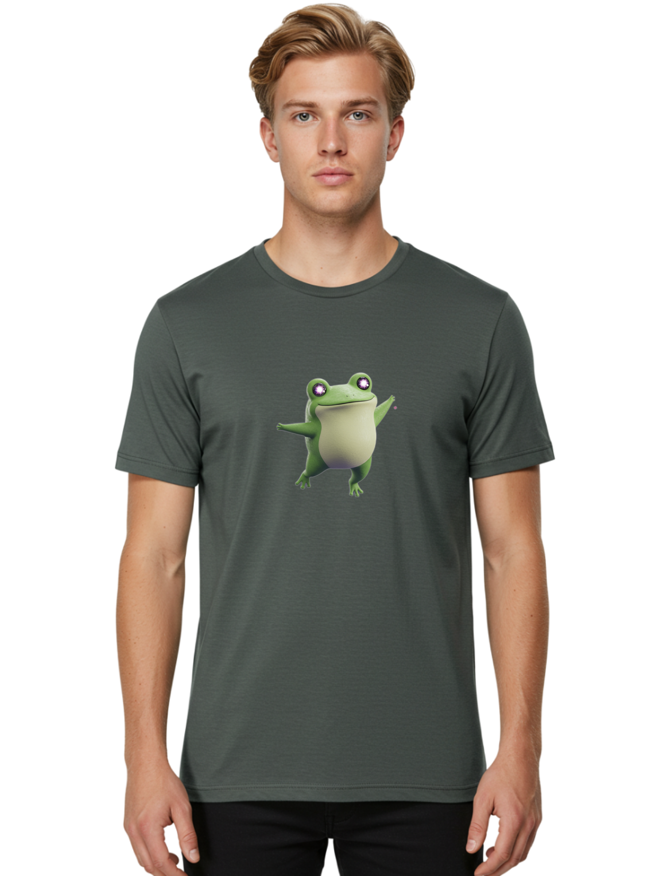 Dancing-Frog-1 Men'S Graphic Tee, 100% Cotton, Comfortable Casual Summer Wear, Machine Washable, Cartoon Frog, Dancing Pose, Funny Animal, Animated Character, 3D Rendering, Big Eyes, Cute Creature, Playful Gesture, Comedic Effect Bab850