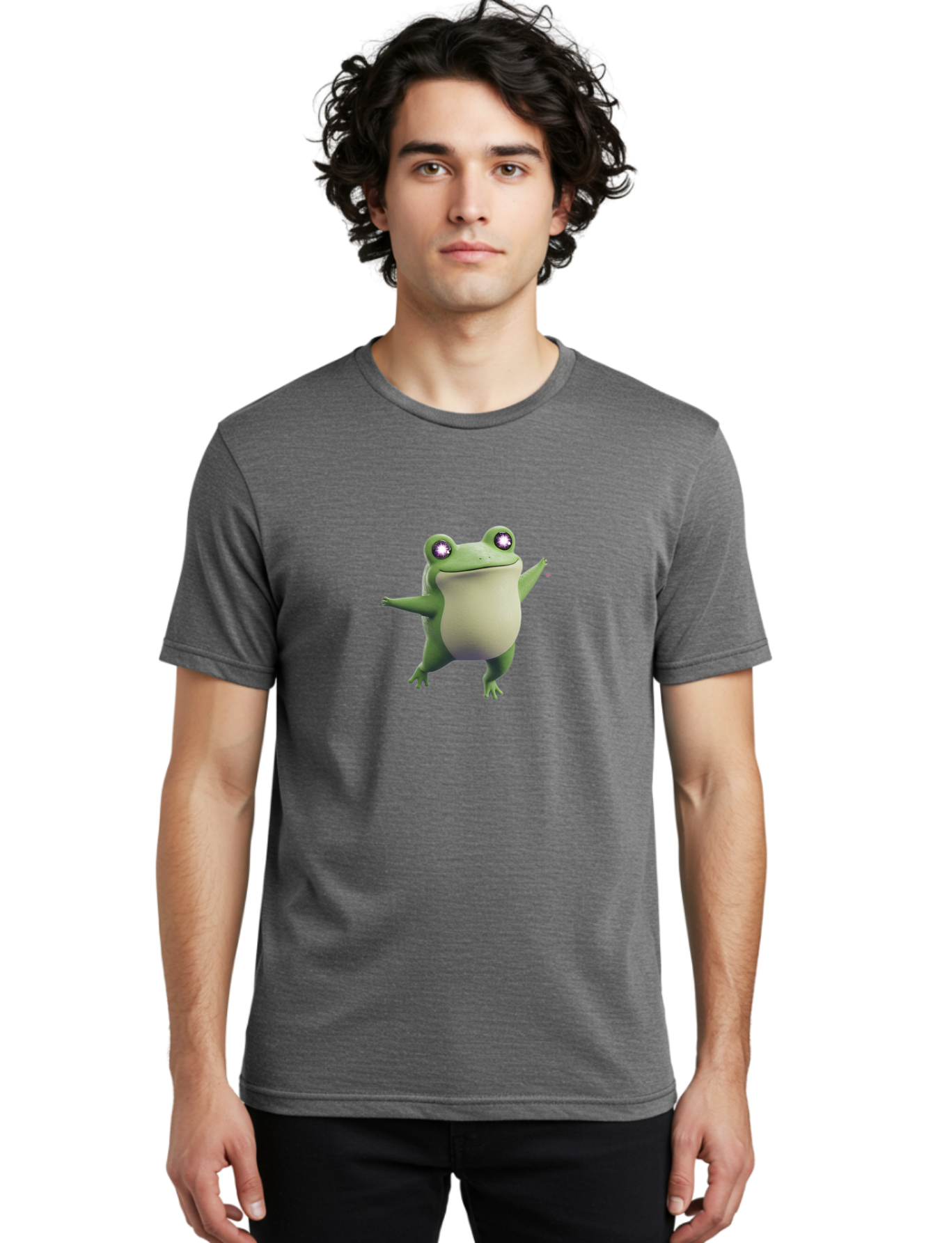 Dancing-Frog-1 Men'S Graphic Tee, 100% Cotton, Comfortable Casual Summer Wear, Machine Washable, Cartoon Frog, Dancing Pose, Funny Animal, Animated Character, 3D Rendering, Big Eyes, Cute Creature, Playful Gesture, Comedic Effect Bab850