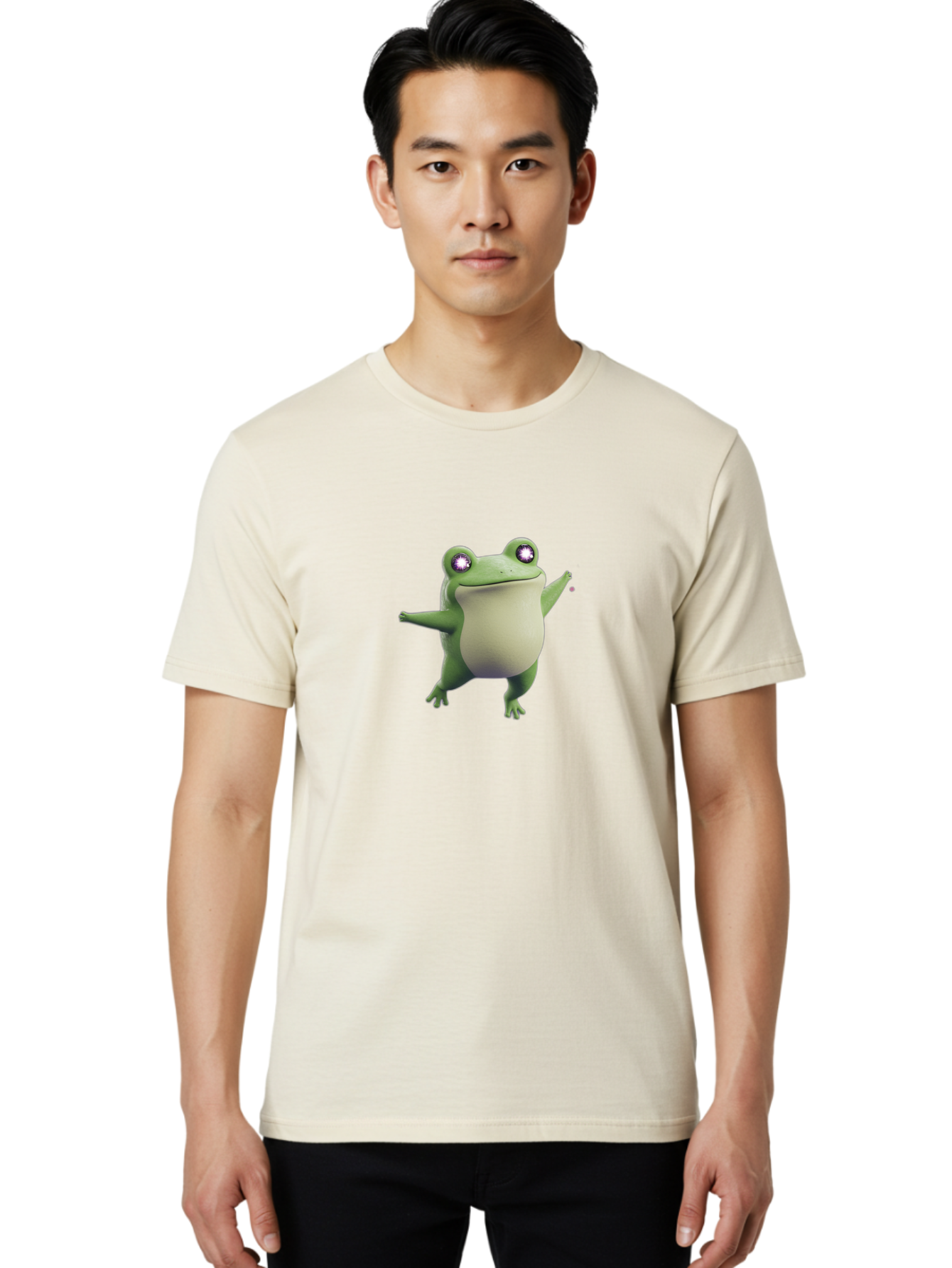 Dancing-Frog-1 Men'S Graphic Tee, 100% Cotton, Comfortable Casual Summer Wear, Machine Washable, Cartoon Frog, Dancing Pose, Funny Animal, Animated Character, 3D Rendering, Big Eyes, Cute Creature, Playful Gesture, Comedic Effect Bab850